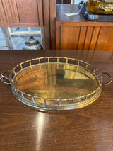 Vintage, brass oval faux Bamboo tray with handles