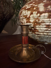 Vintage, brass & red wood single chamber candlestick holder