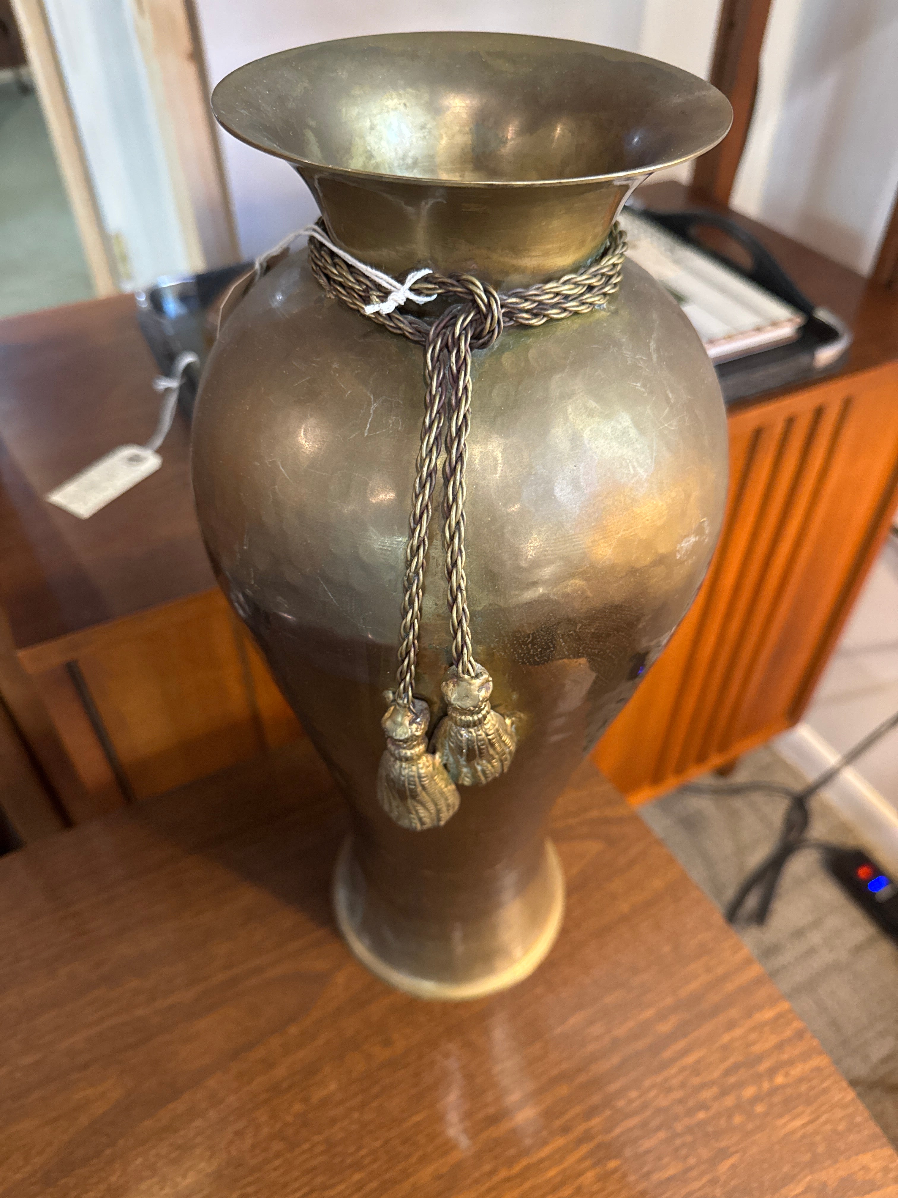 Vintage, oversized brass hammered Rope Vase