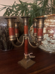 Vintage, Mcm brass & red wood 5 arm candelabra