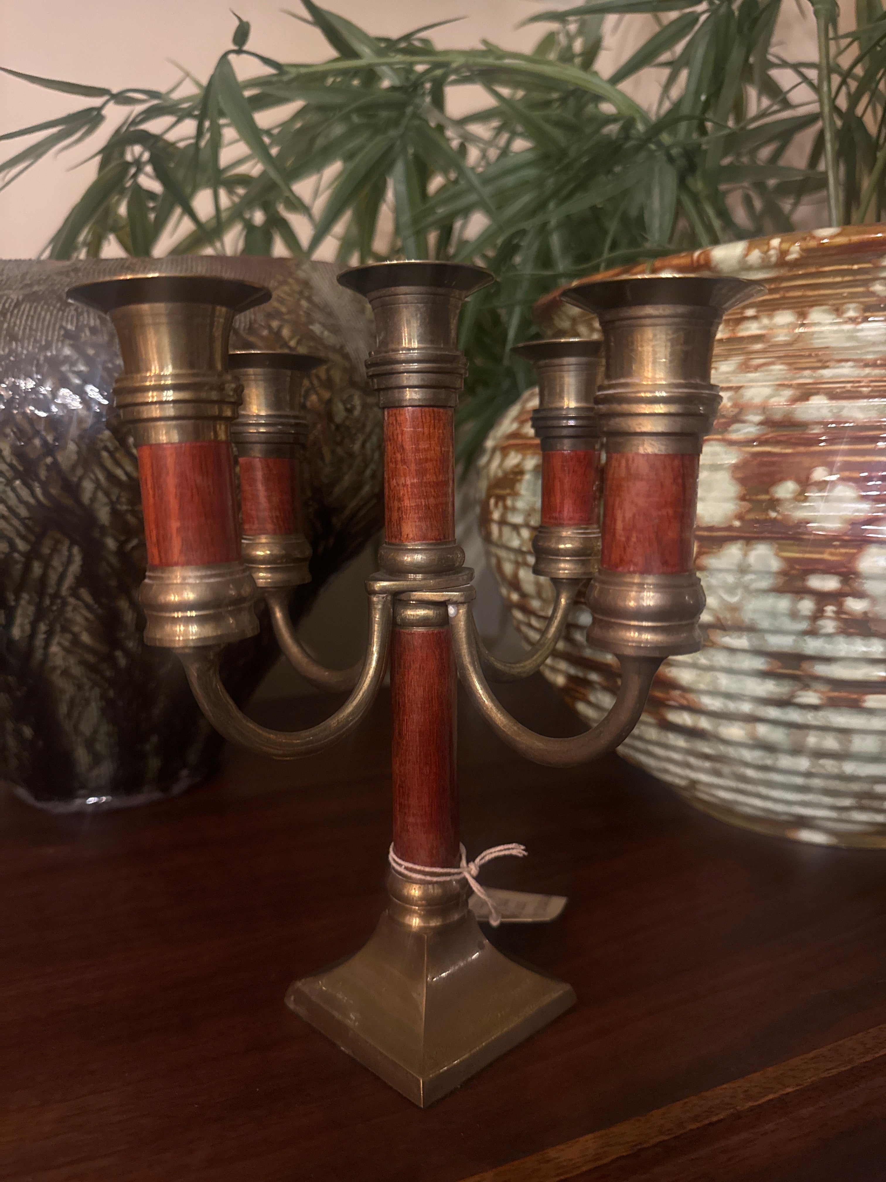 Vintage, Mcm brass & red wood 5 arm candelabra