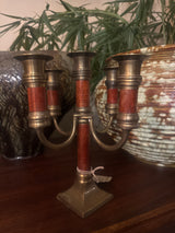 Vintage, Mcm brass & red wood 5 arm candelabra