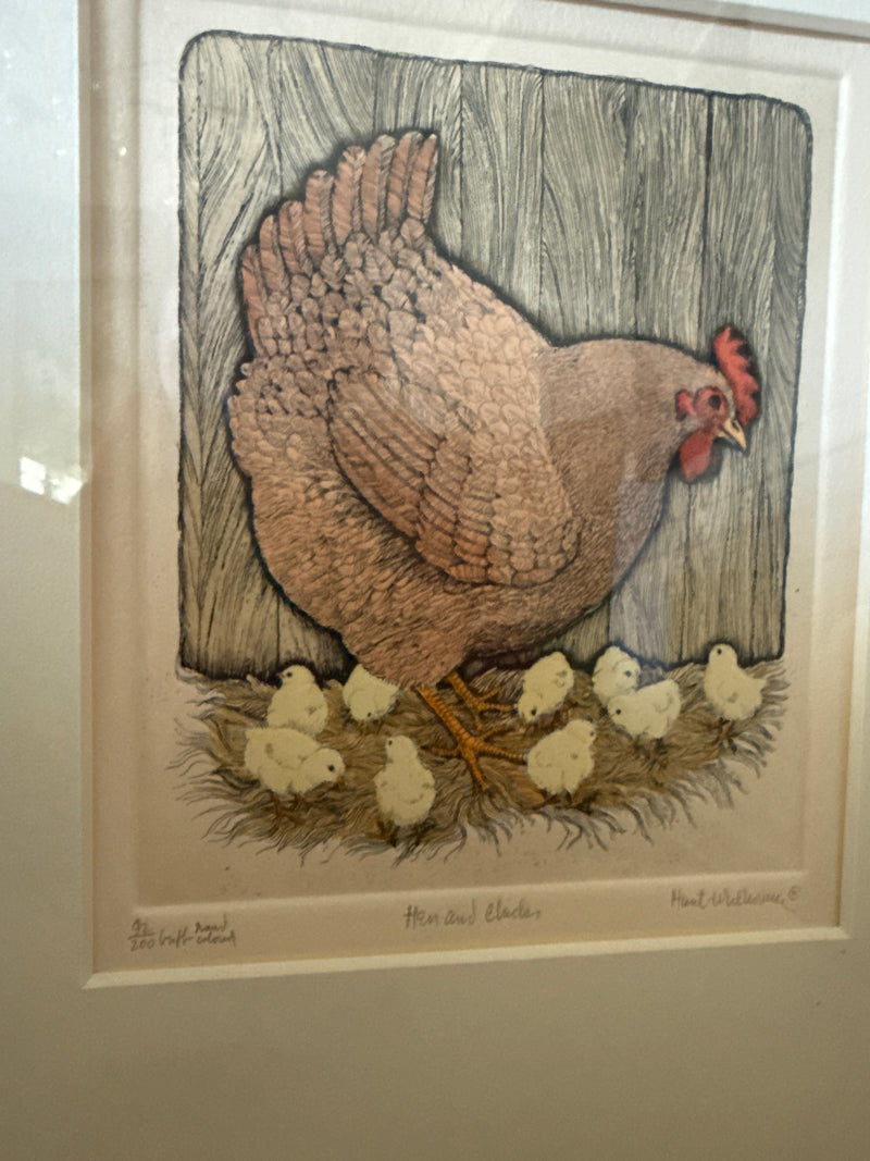 Framed SUSAN HUNT-WULKOWICZ SIGNED HAND COLORED ETCHING CHICKEN "HEN AND CHICKS"92/200 — alternate view