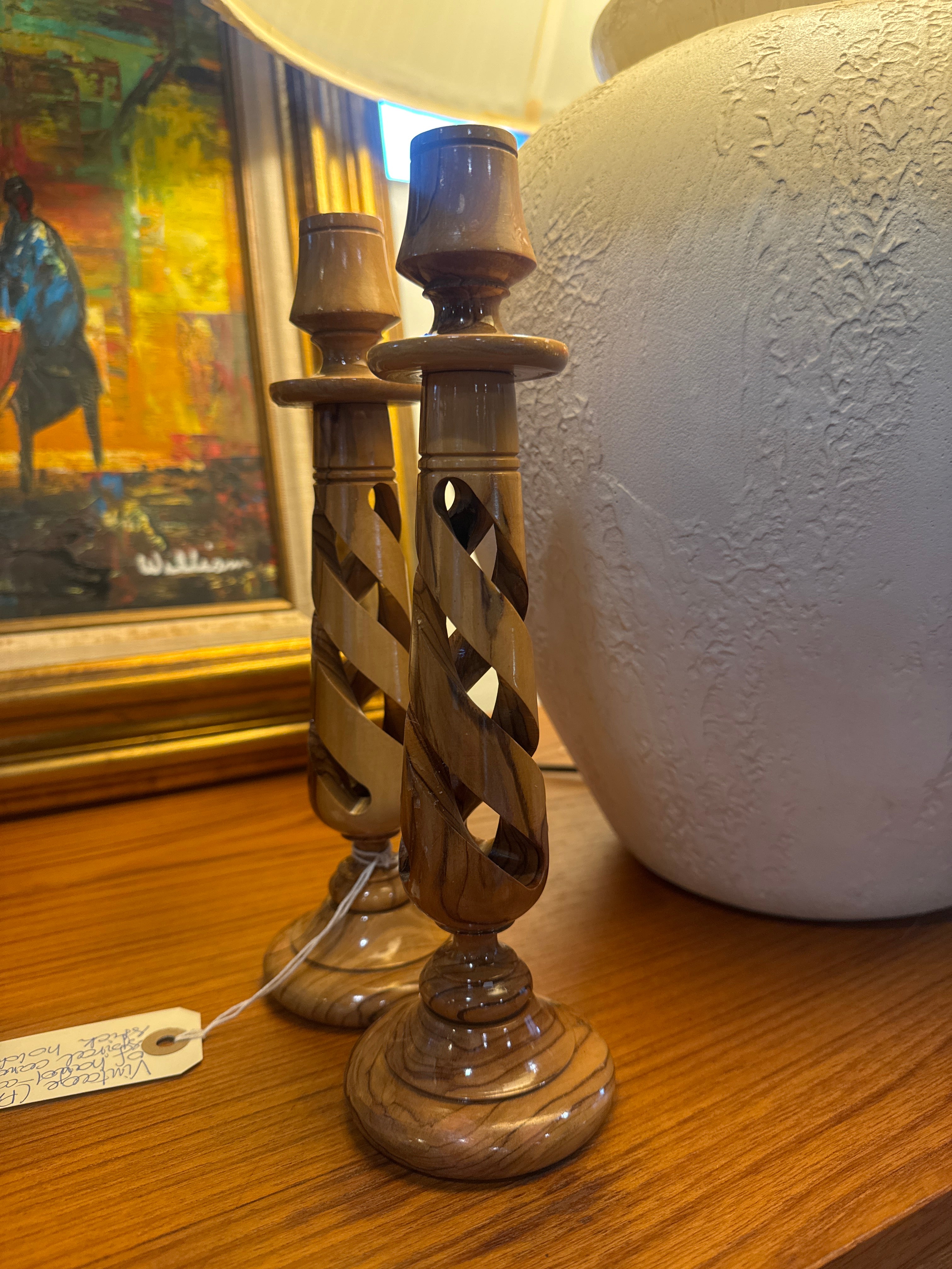 Vintage, pair of wooden spiral candlesticks holders