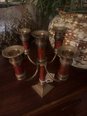 Vintage, Mcm brass & red wood 5 arm candelabra