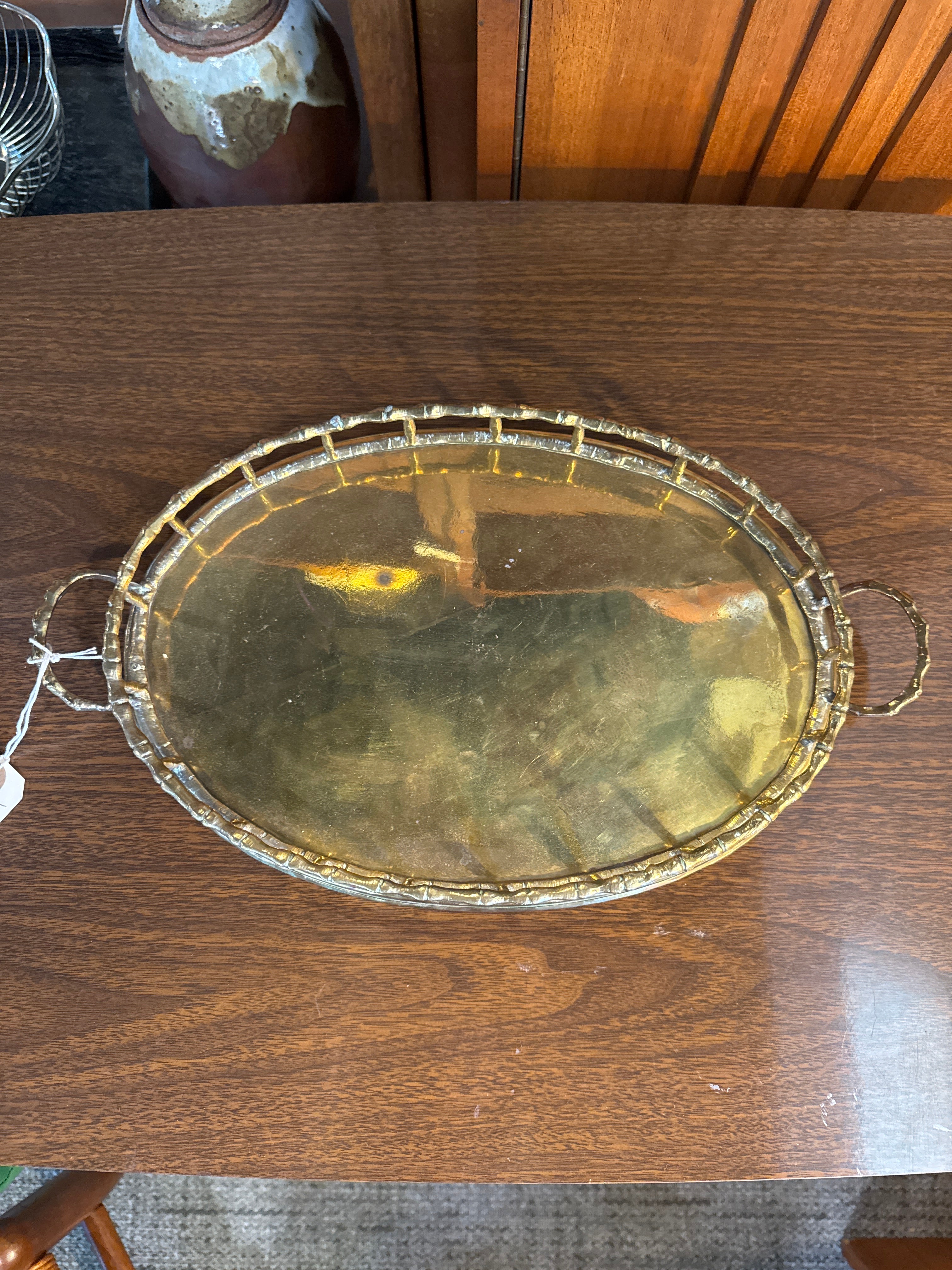 Vintage, brass oval faux Bamboo tray with handles