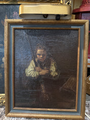 Vintage Oil moody painting of boy with broom with light attached.