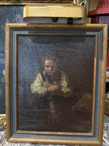 Vintage Oil moody painting of boy with broom with light attached.