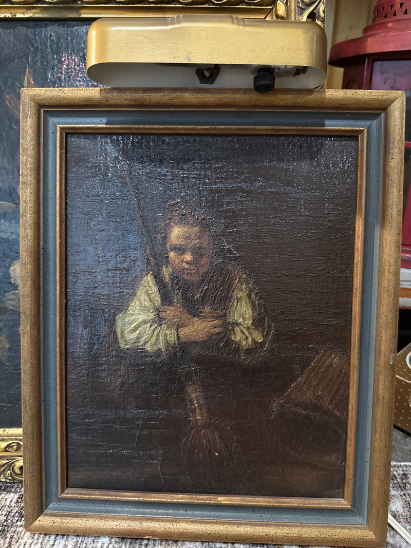 Vintage Oil moody painting of boy with broom with light attached. by 811 - Charlene's Early Bird