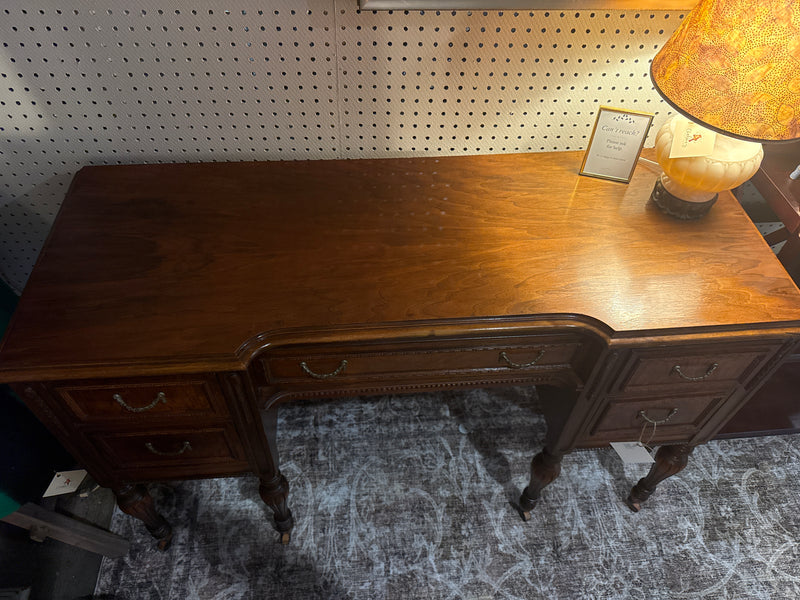 antique 5-drawer wooden vanity or desk on wheels — alternate view