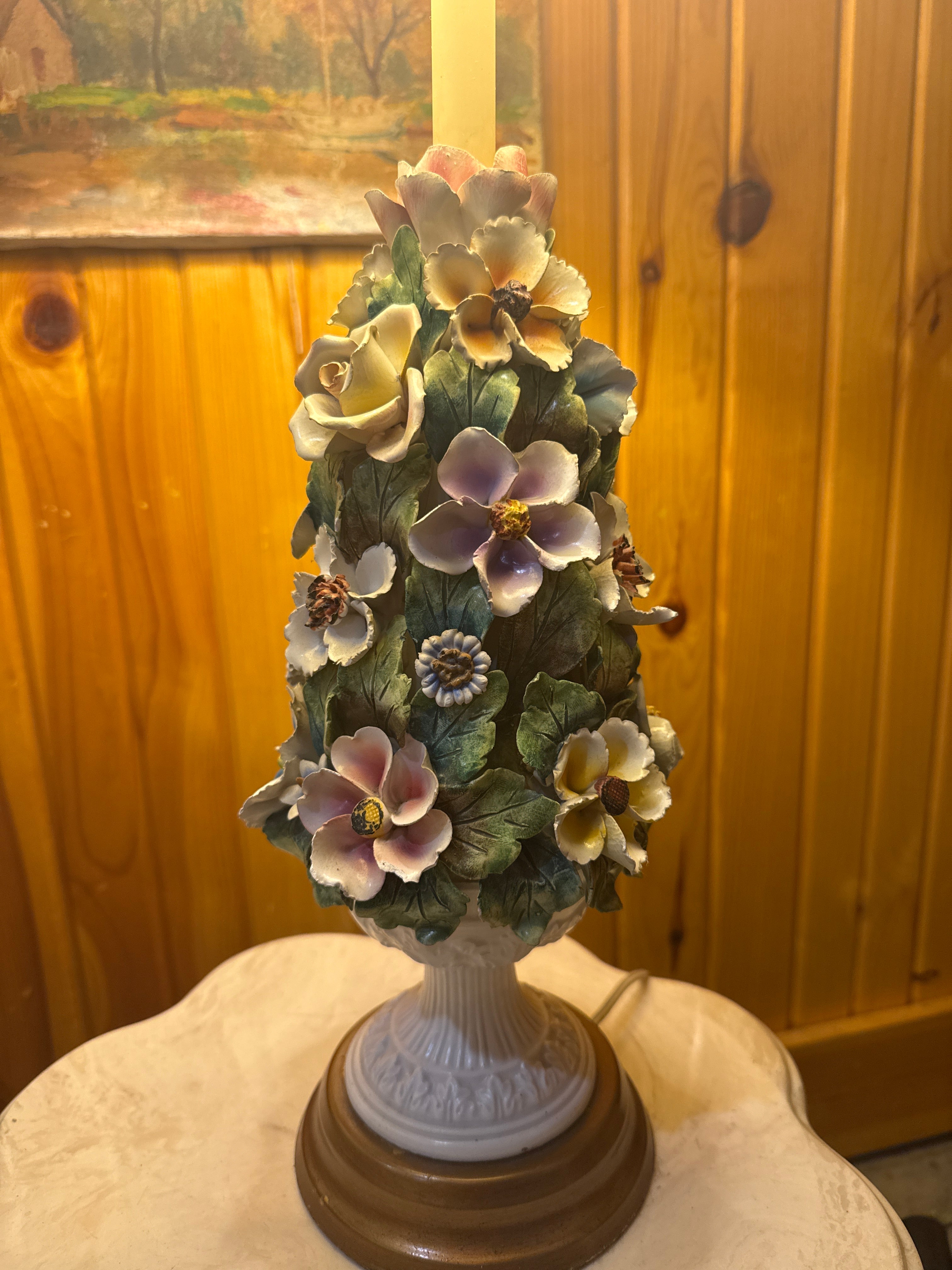 Vtg Italian Capodimonte Porcelain Topiary Floral Table Lamp