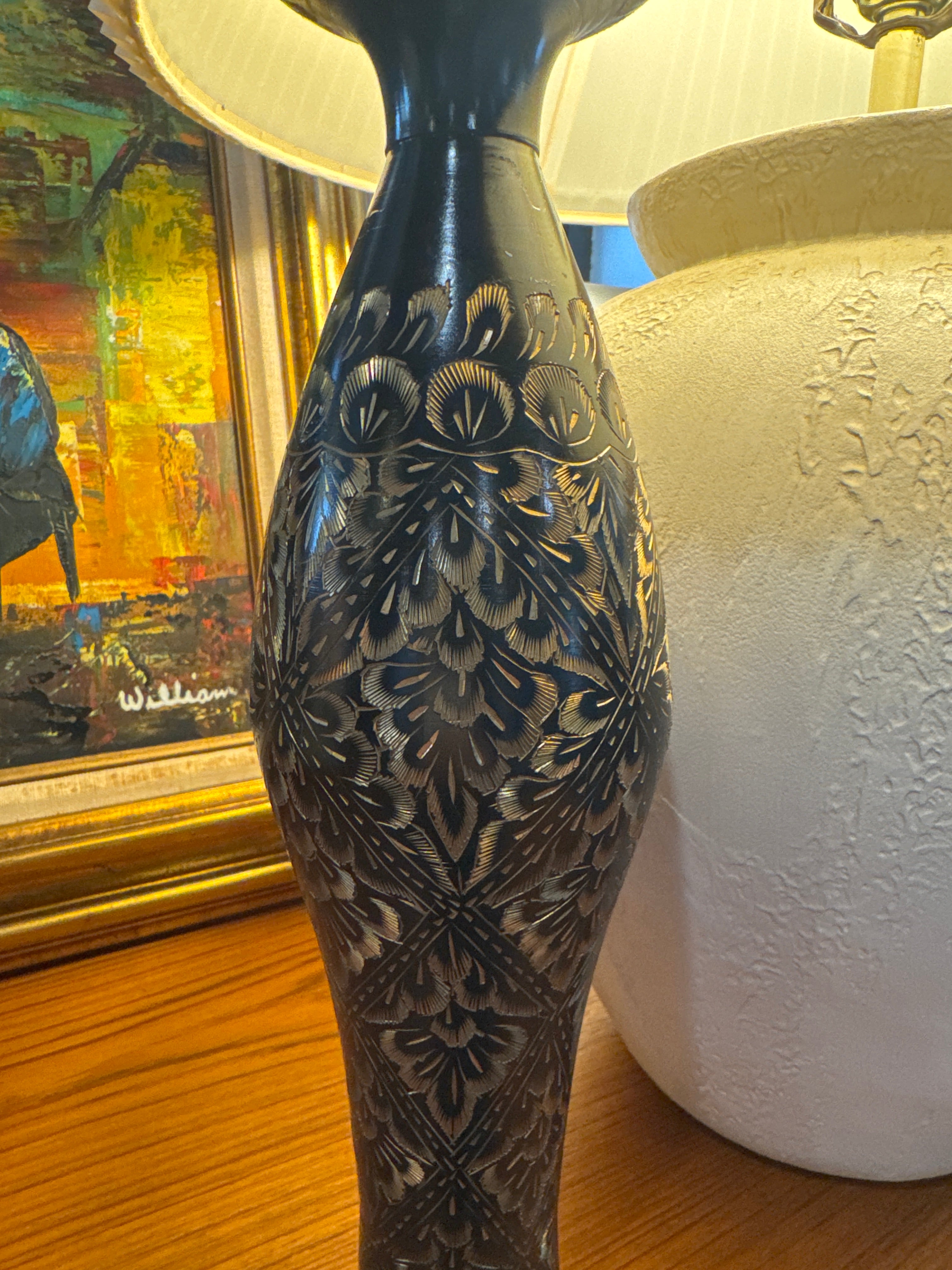 Vintage, brass etched tall oriental vase