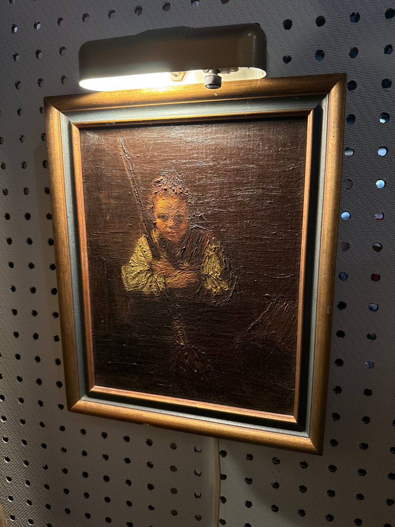 Vintage Oil moody painting of boy with broom with light attached. — alternate view