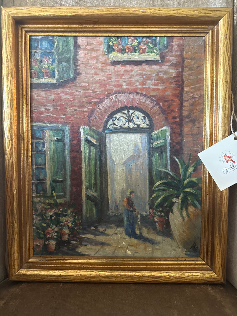 Vtg gold Framed oil painting of woman in courtyard by 811 - Charlene's Early Bird