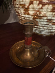 Vintage, brass & red wood single chamber candlestick holder
