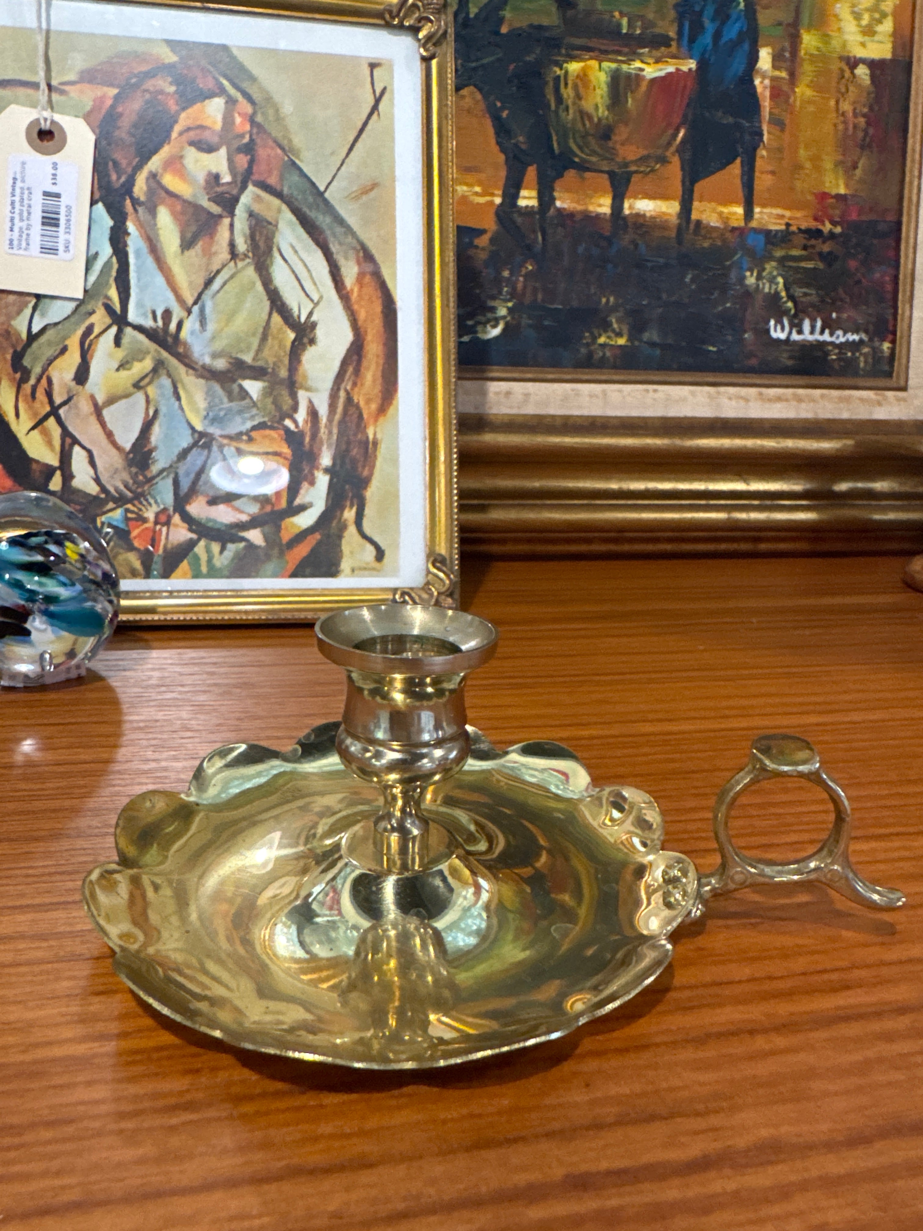 Vintage Solid Brass Chamberstick Candle Holder - Scalloped Edge Taper