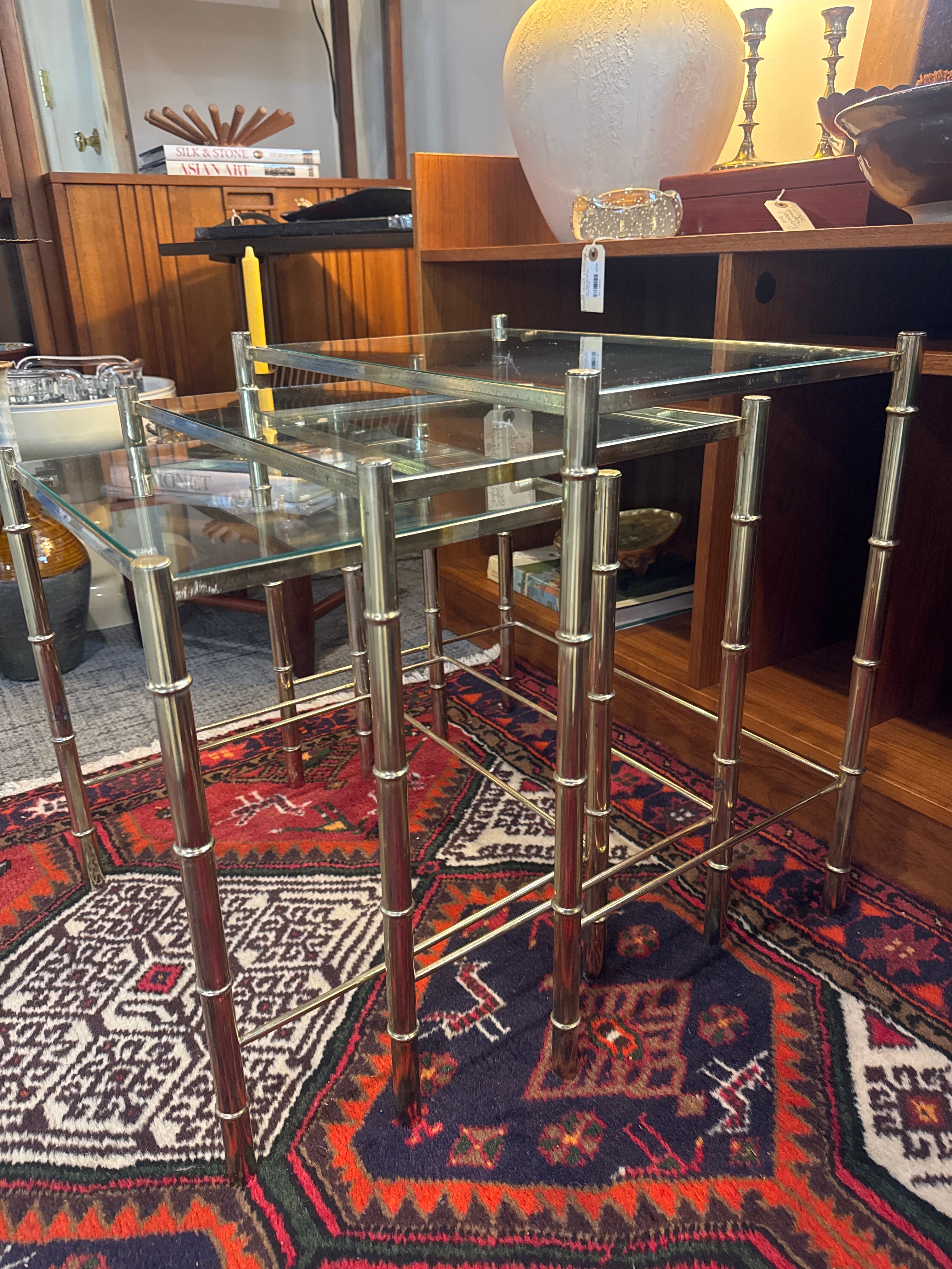 Vintage, brass & faux Bamboo nesting tables ( set of 3 )