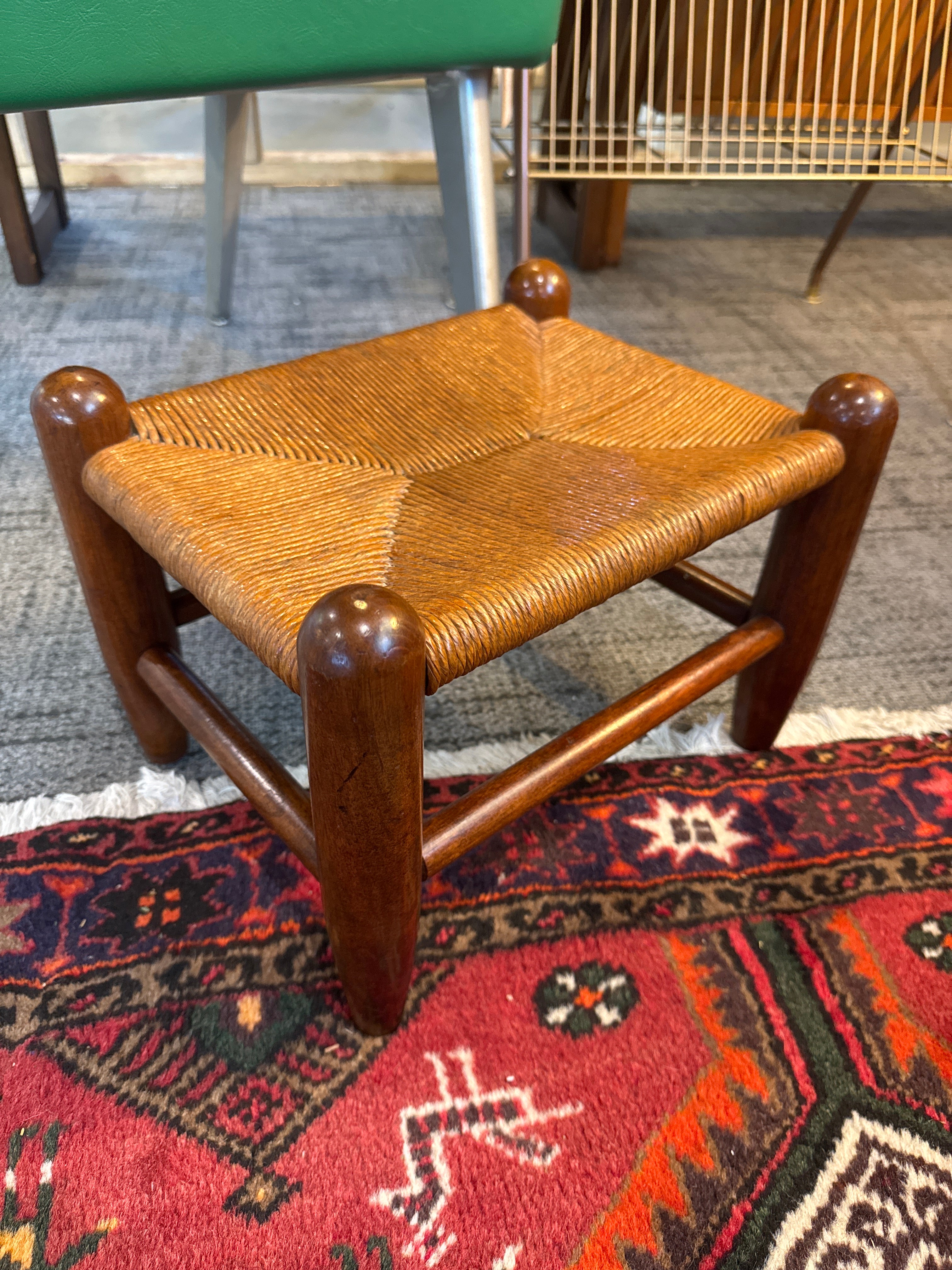Vintage, foot stool with woven top. French