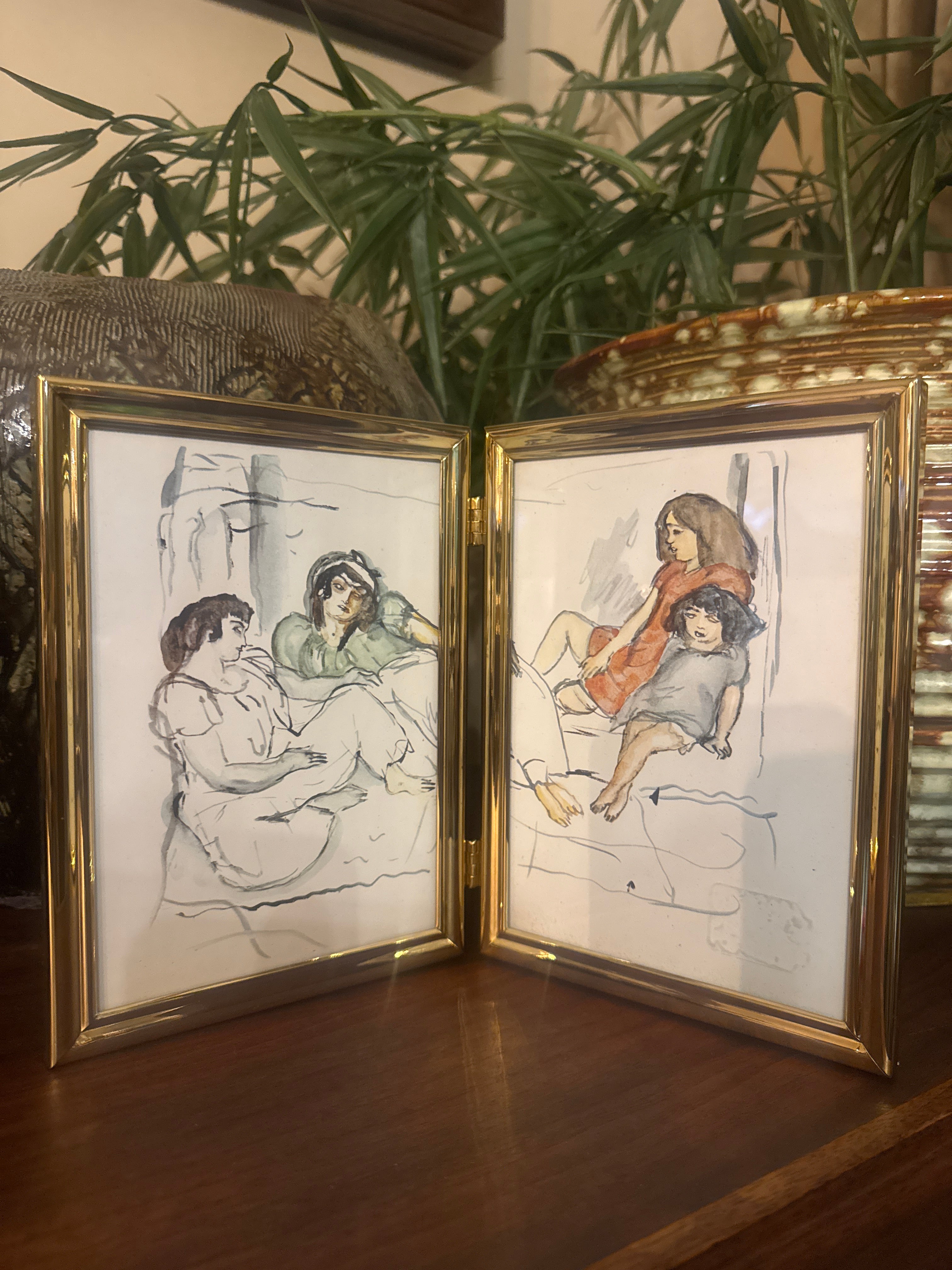 Vintage, brass double frame 5 by 7 with print