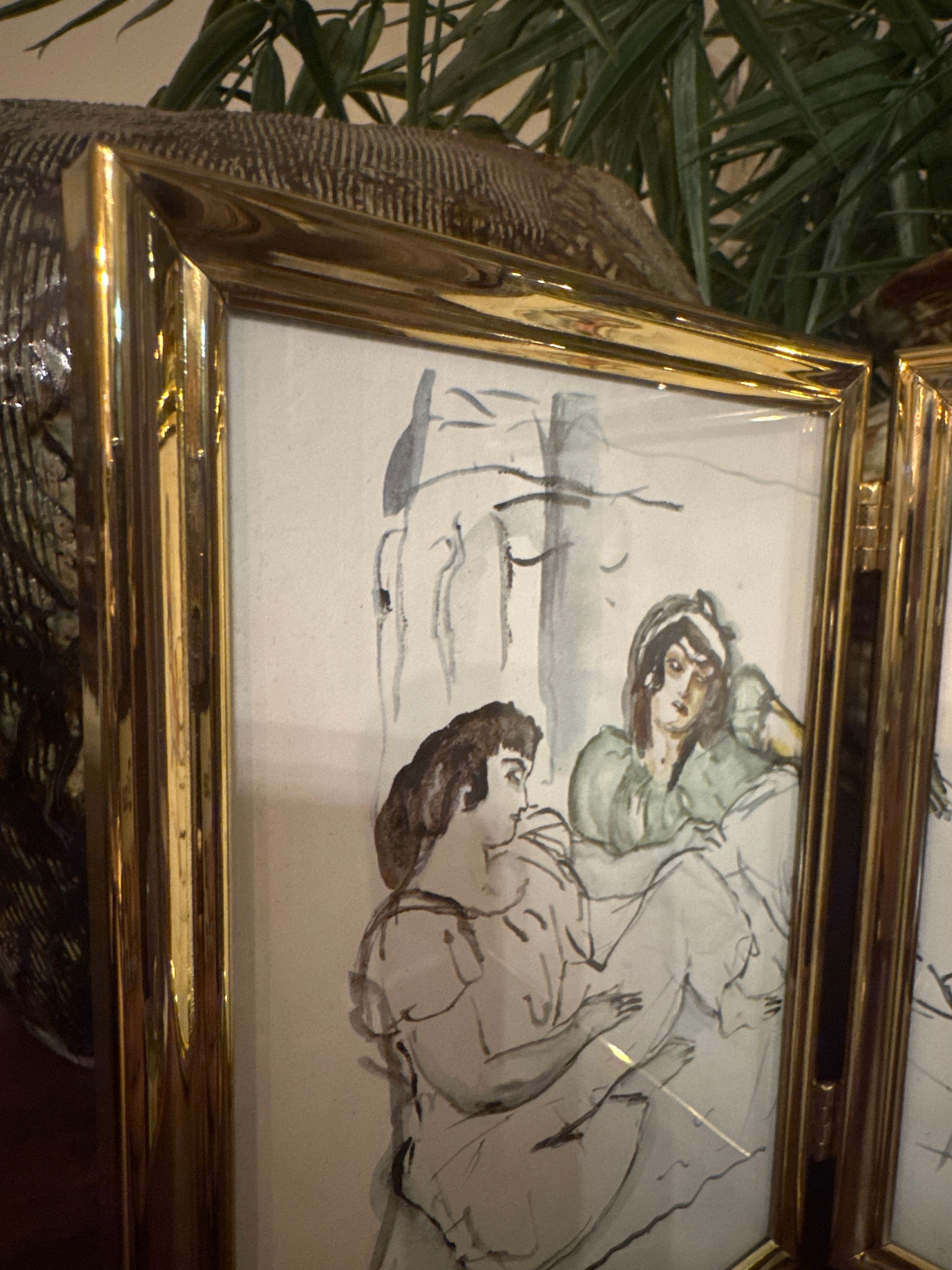 Vintage, brass double frame 5 by 7 with print