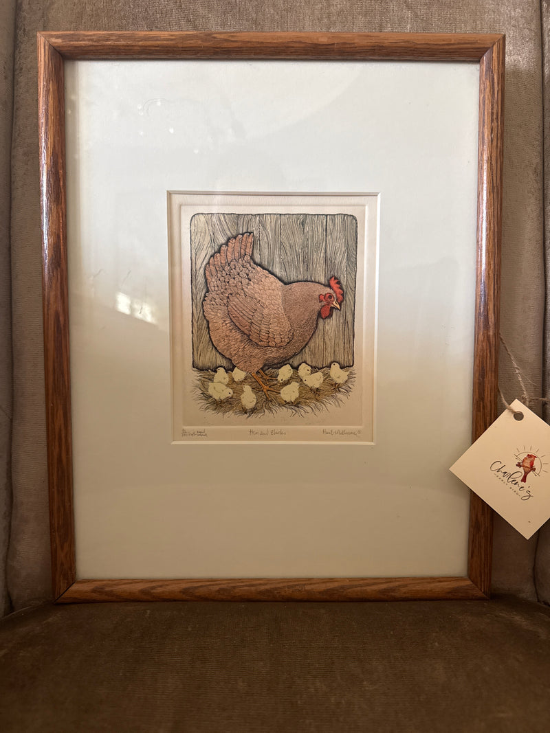 Framed SUSAN HUNT-WULKOWICZ SIGNED HAND COLORED ETCHING CHICKEN "HEN AND CHICKS"92/200 by 811 - Charlene's Early Bird