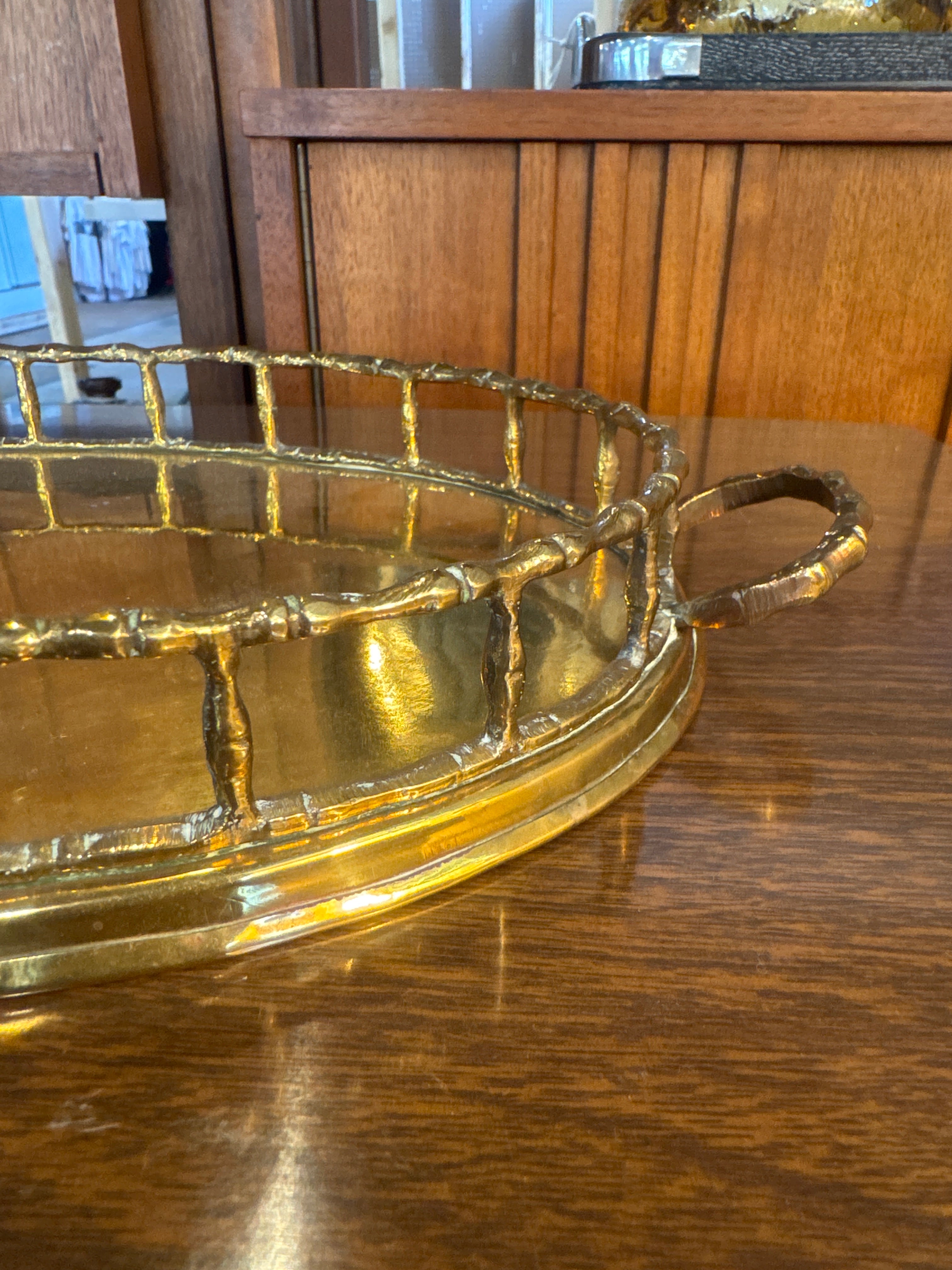 Vintage, brass oval faux Bamboo tray with handles