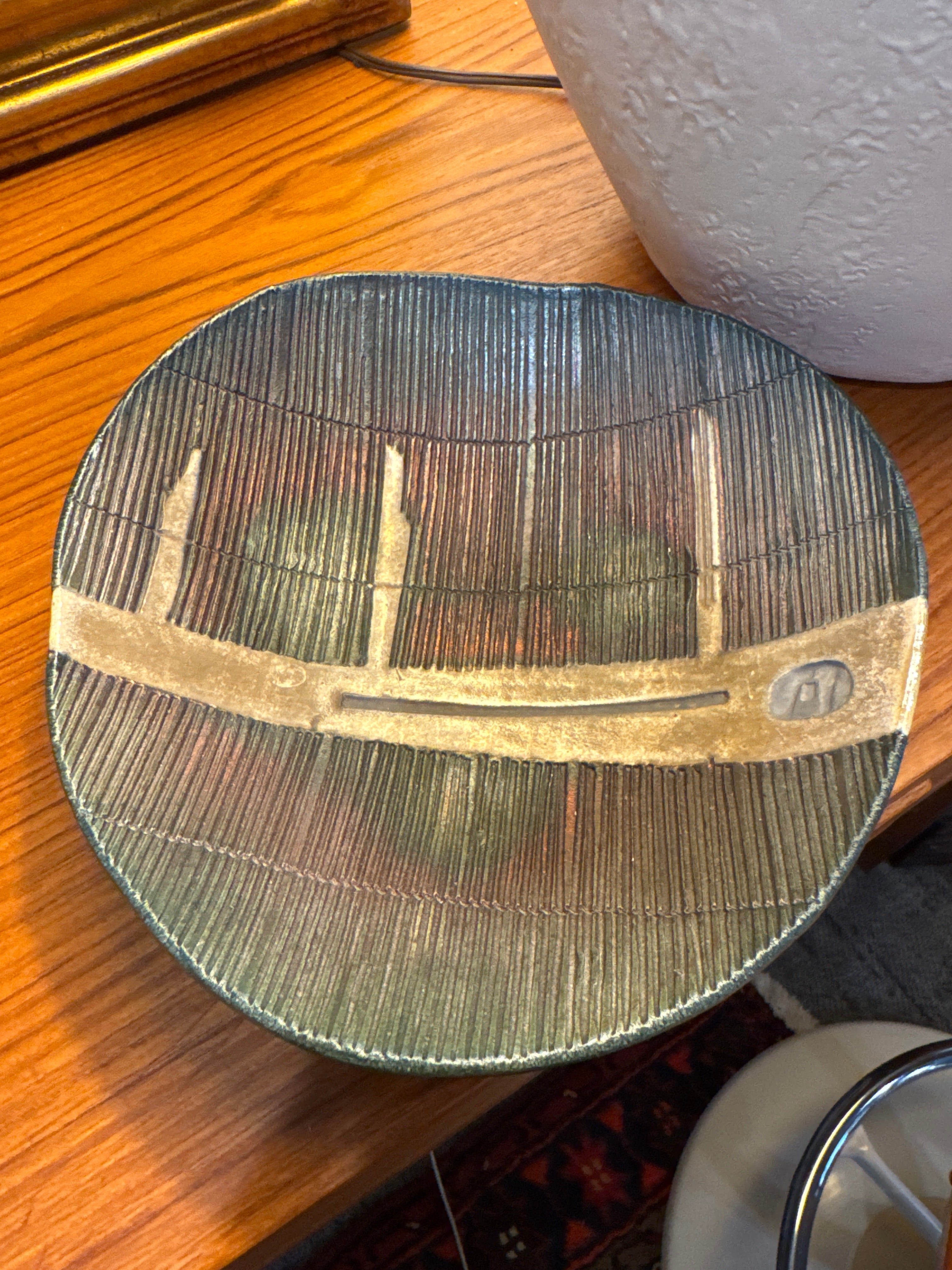 Vintage, Raku large footed, pottery bowl/ trinket dish
