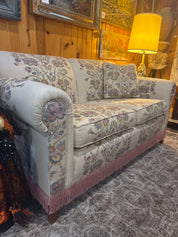 Vtg Ethan Allen love seat sofa, back left leg repaired