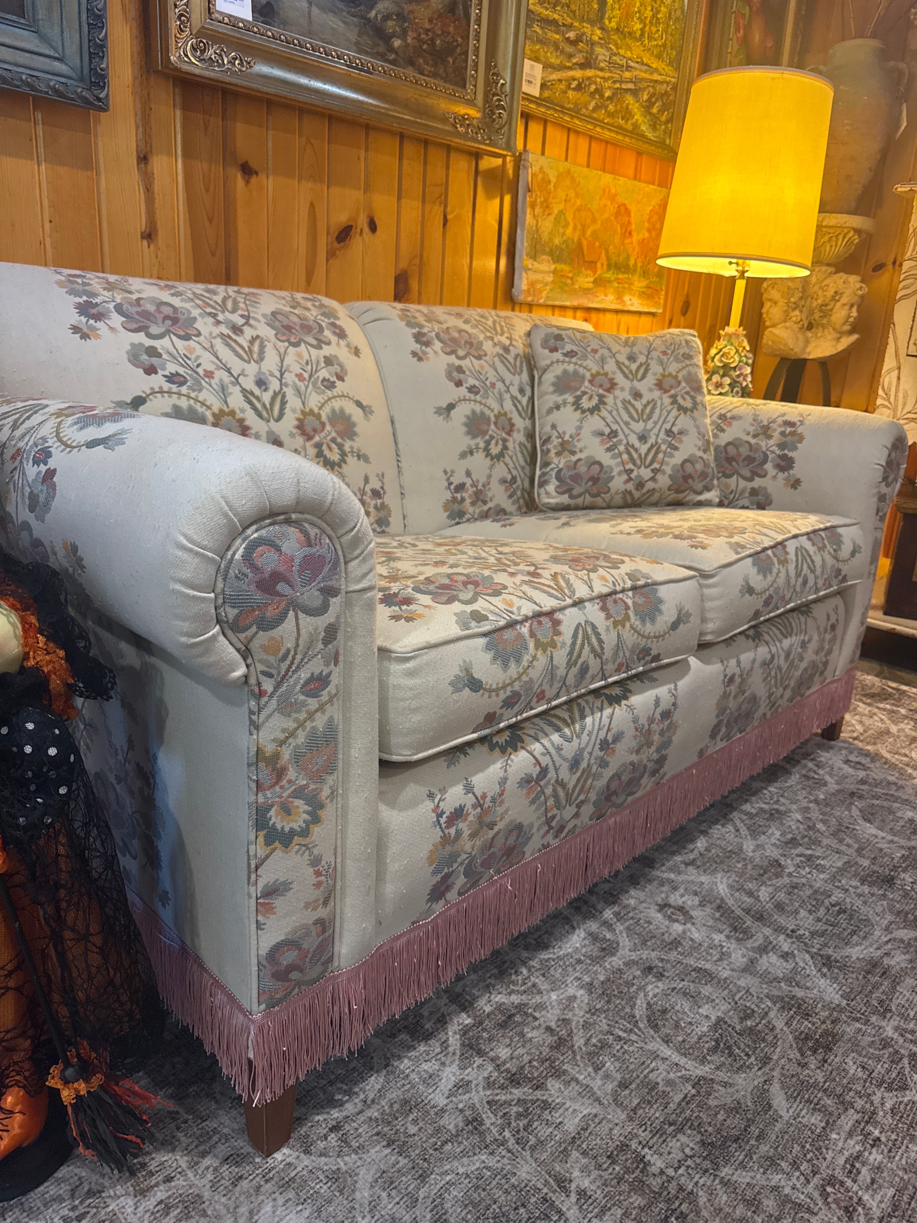 Vtg Ethan Allen love seat sofa, back left leg repaired