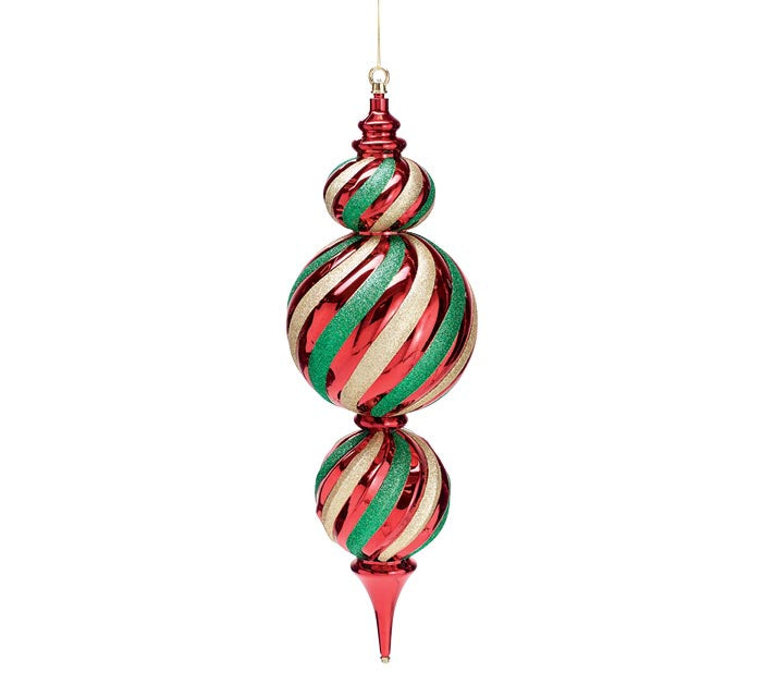 Large red finial ornament with green and gold swirling stripes and gold cord hanger | JSQ Mercantile – Women’s Boutique & Gift Shop in La Grange, IL
