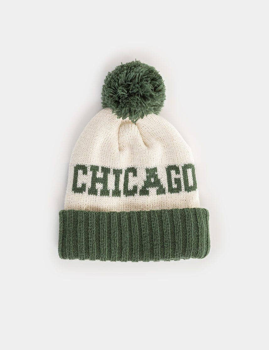 Toddler two-tone pom knit beanie with embroidered Chicago script cuff, soft rib knit winter hat for kids, JSQ Mercantile – a women’s boutique and gift shop in La Grange, IL.