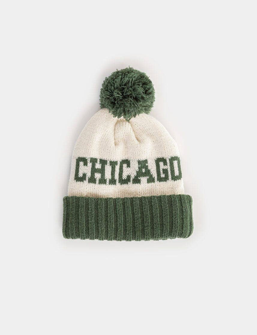 Toddler two-tone pom knit beanie with embroidered Chicago script cuff, soft rib knit winter hat for kids, JSQ Mercantile – a women’s boutique and gift shop in La Grange, IL.