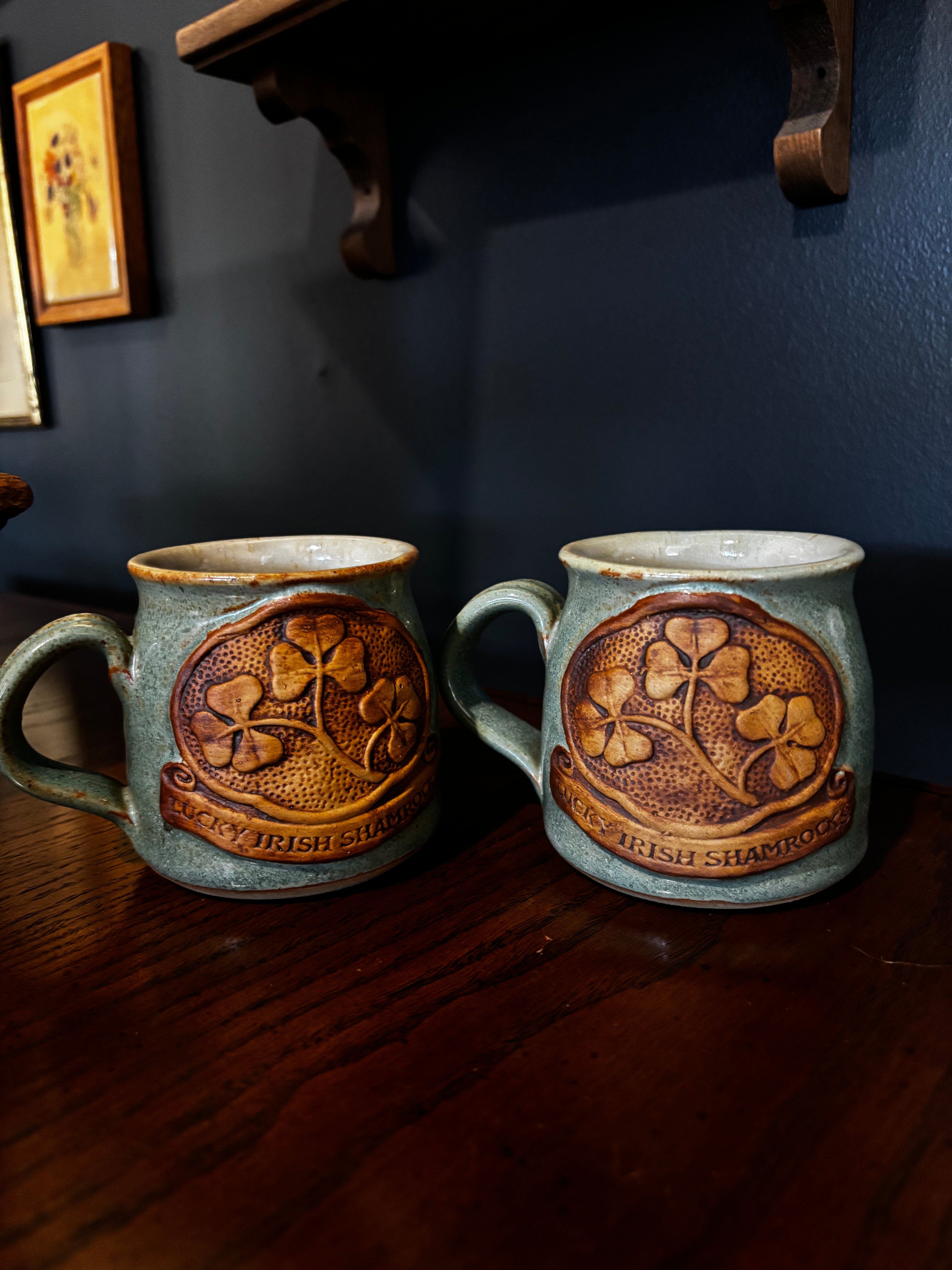 art deco vintage "Lucky Irish Shamrocks" pottery stoneware mug