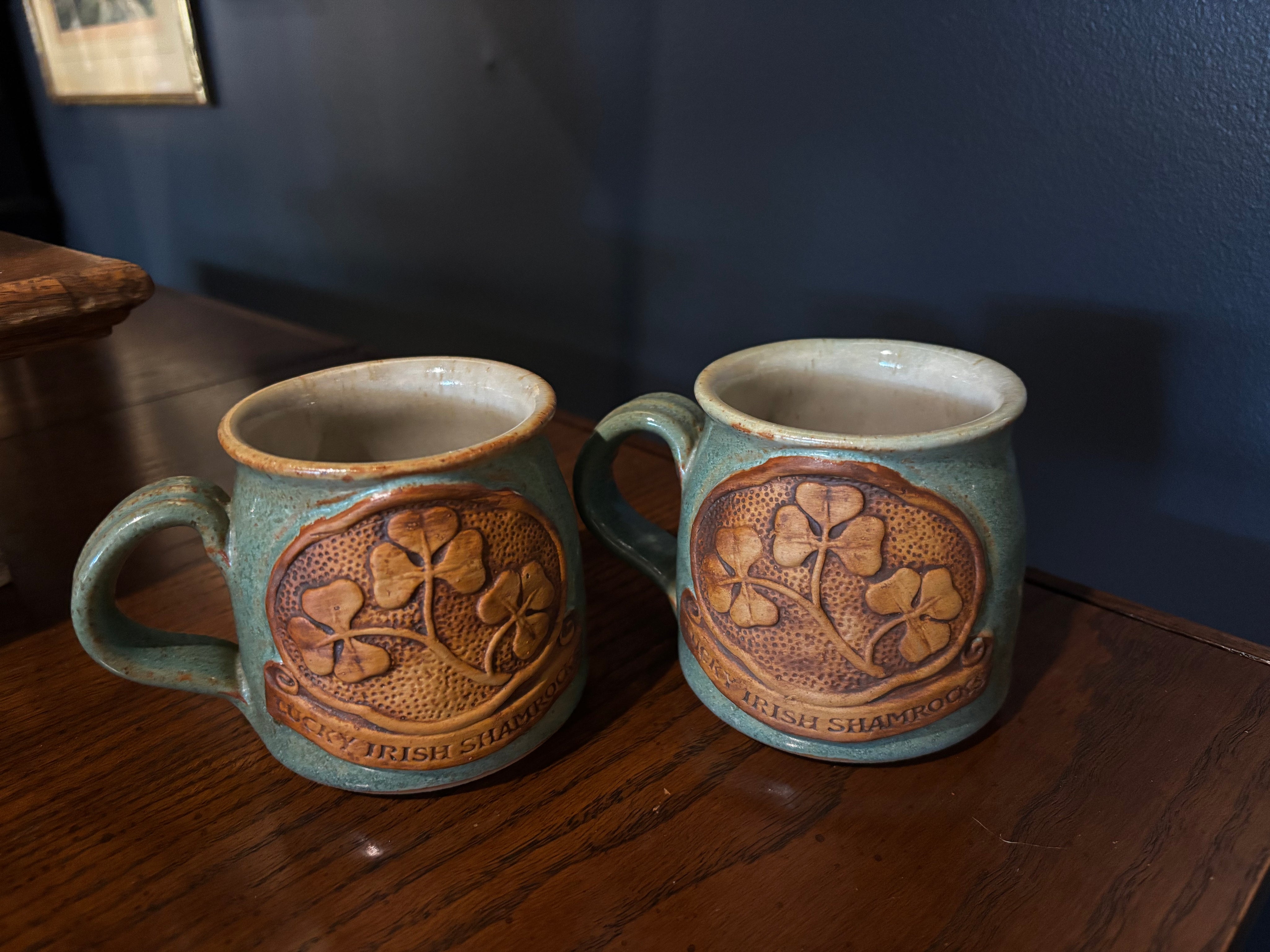 art deco vintage "Lucky Irish Shamrocks" pottery stoneware mug