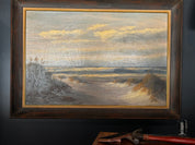 mid-century coastal oil painting in wood frame by M. Charles (Donald Leary)