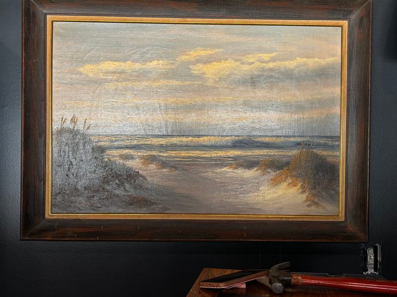 mid-century coastal oil painting in wood frame by M. Charles (Donald Leary) — alternate view