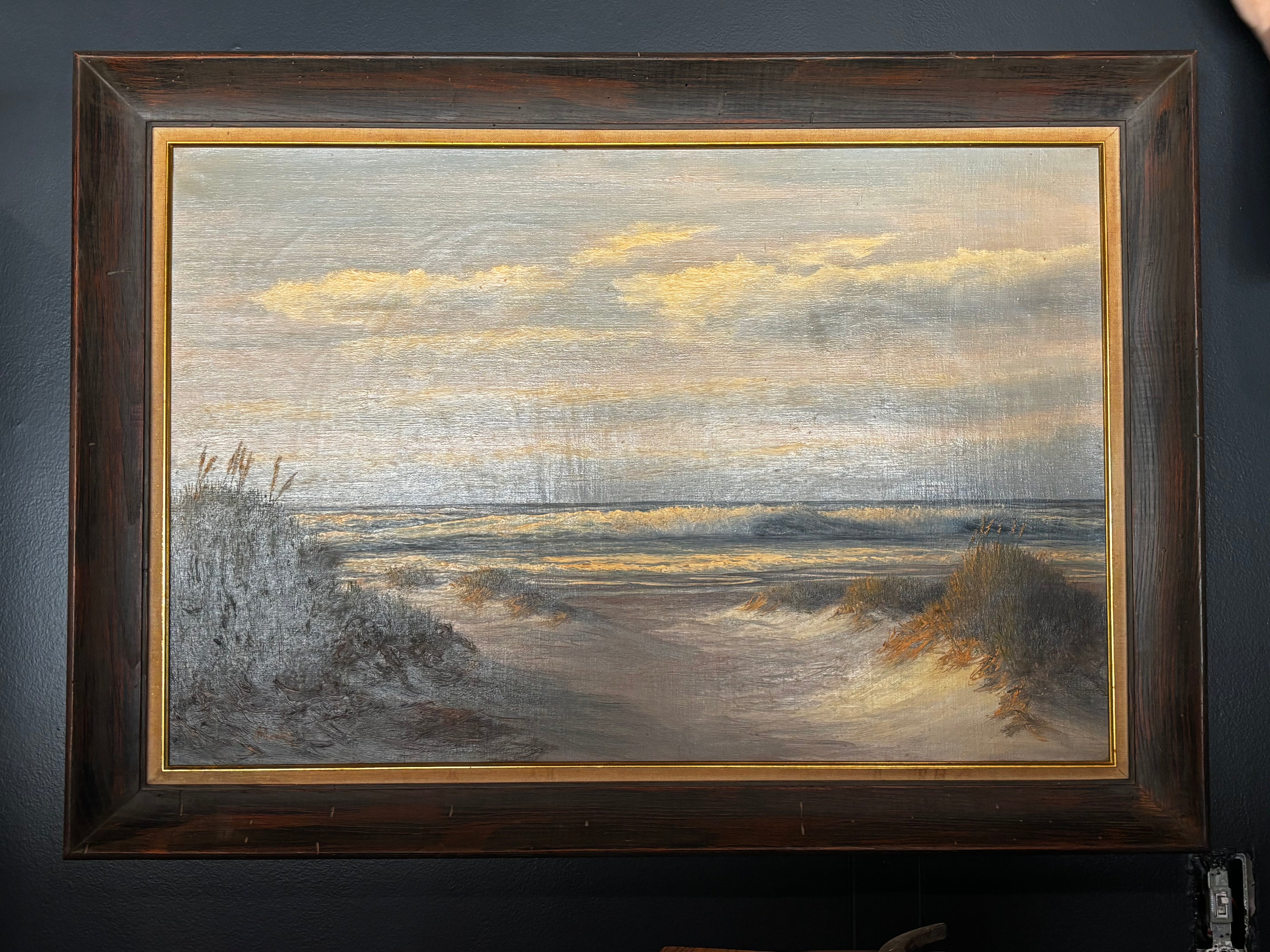 mid-century coastal oil painting in wood frame by M. Charles (Donald Leary)