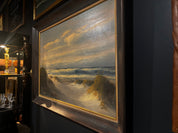 mid-century coastal oil painting in wood frame by M. Charles (Donald Leary)