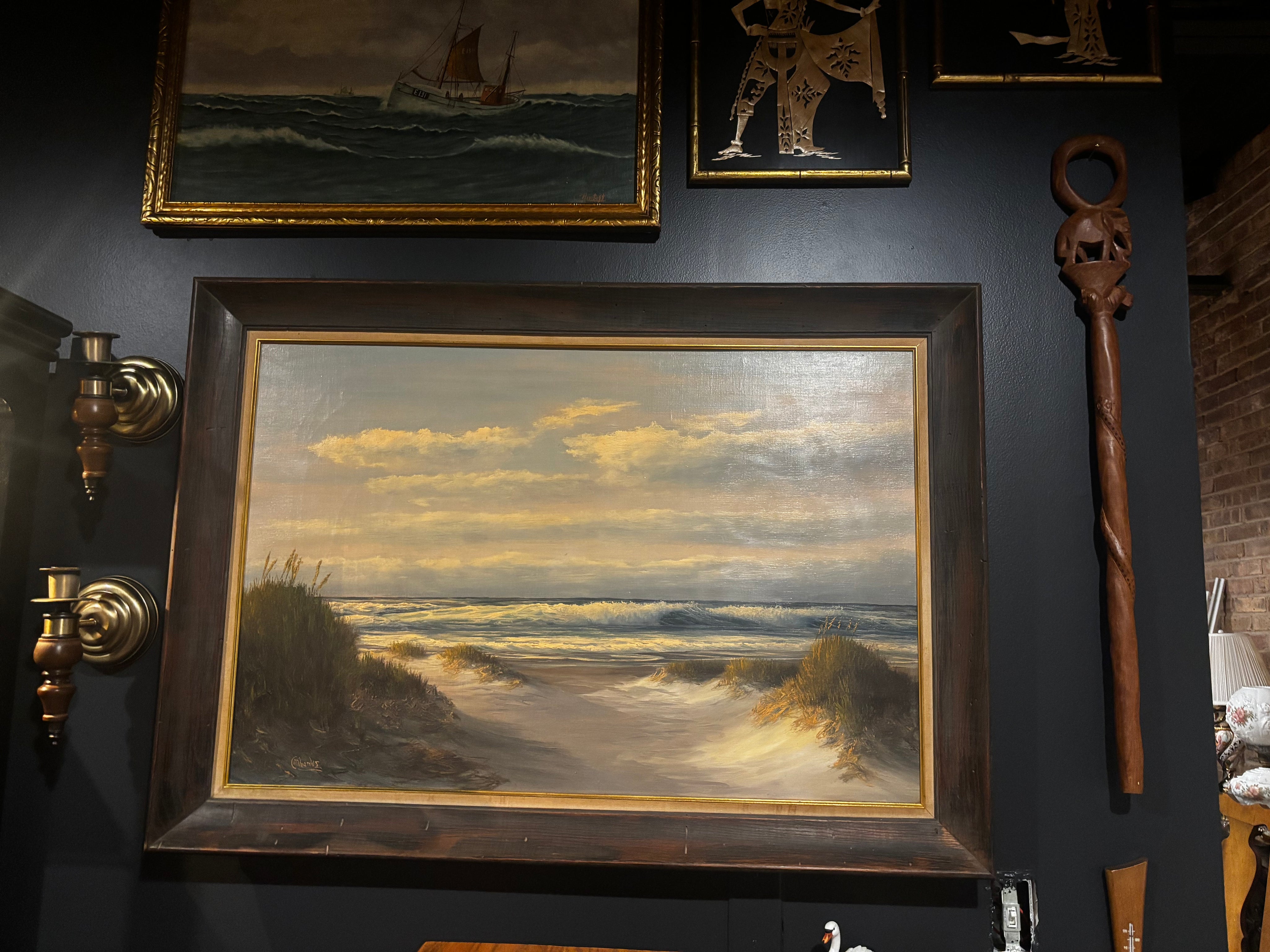 mid-century coastal oil painting in wood frame by M. Charles (Donald Leary)