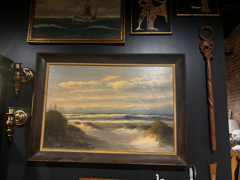 mid-century coastal oil painting in wood frame by M. Charles (Donald Leary) by 603 - Mavis Estate Edit