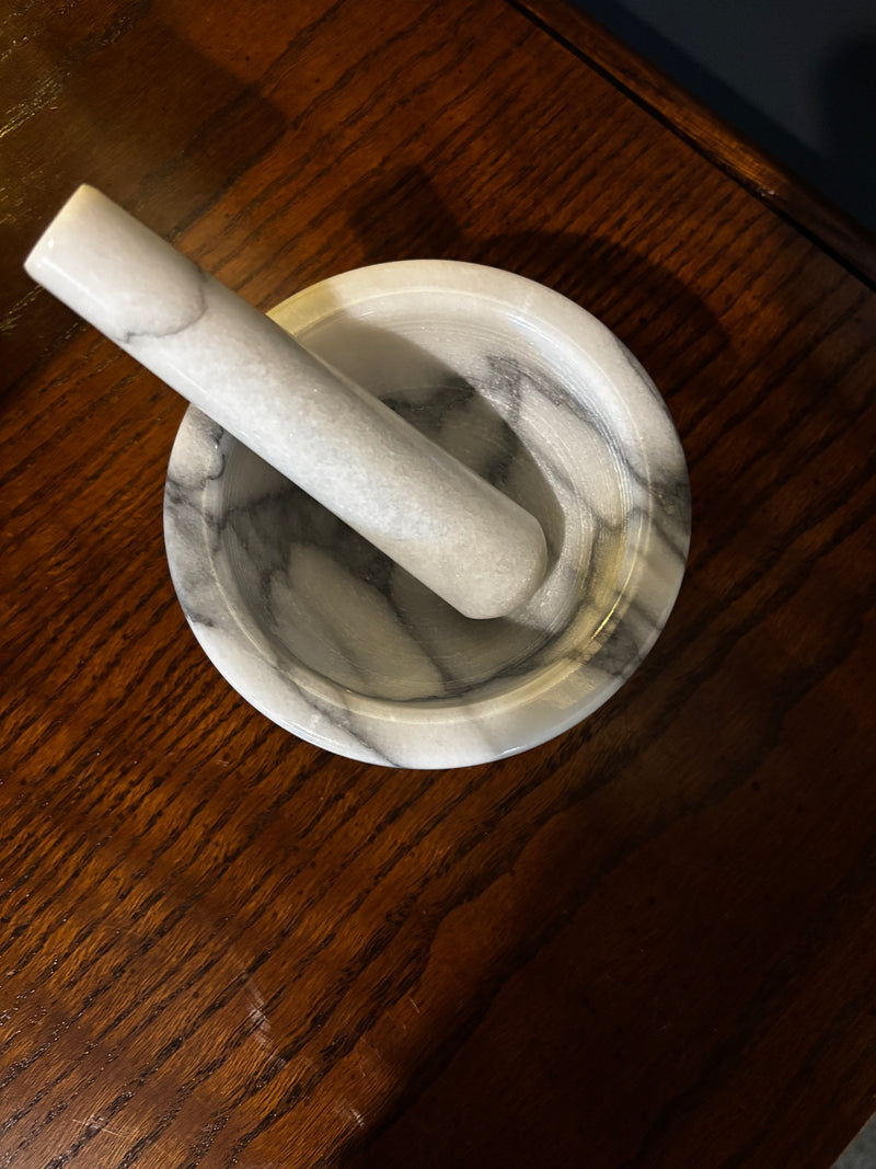 white marble mortar and pestle — alternate view