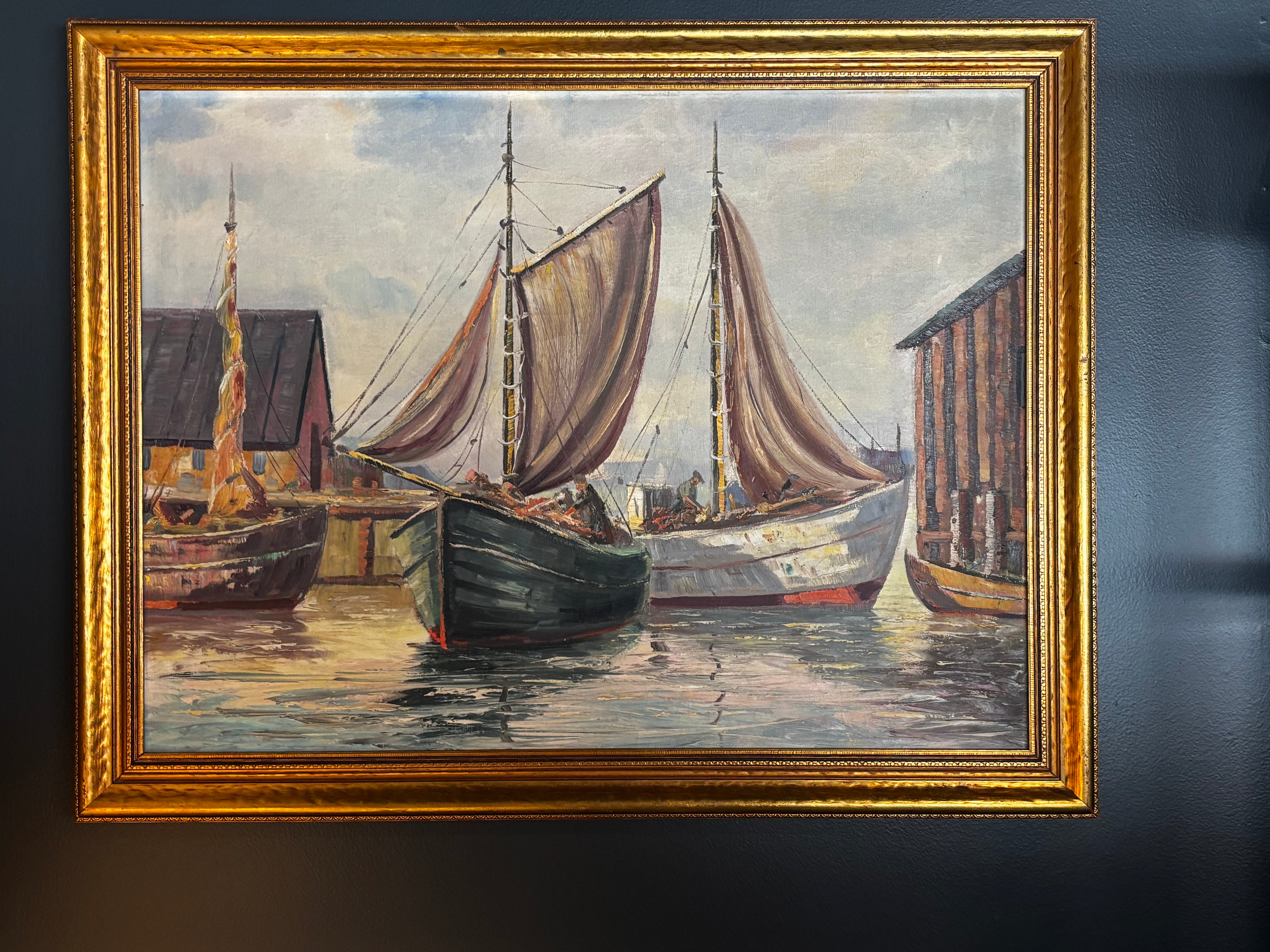 mid-20th-century nautical harbor painting in gold frame