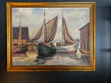 mid-20th-century nautical harbor painting in gold frame