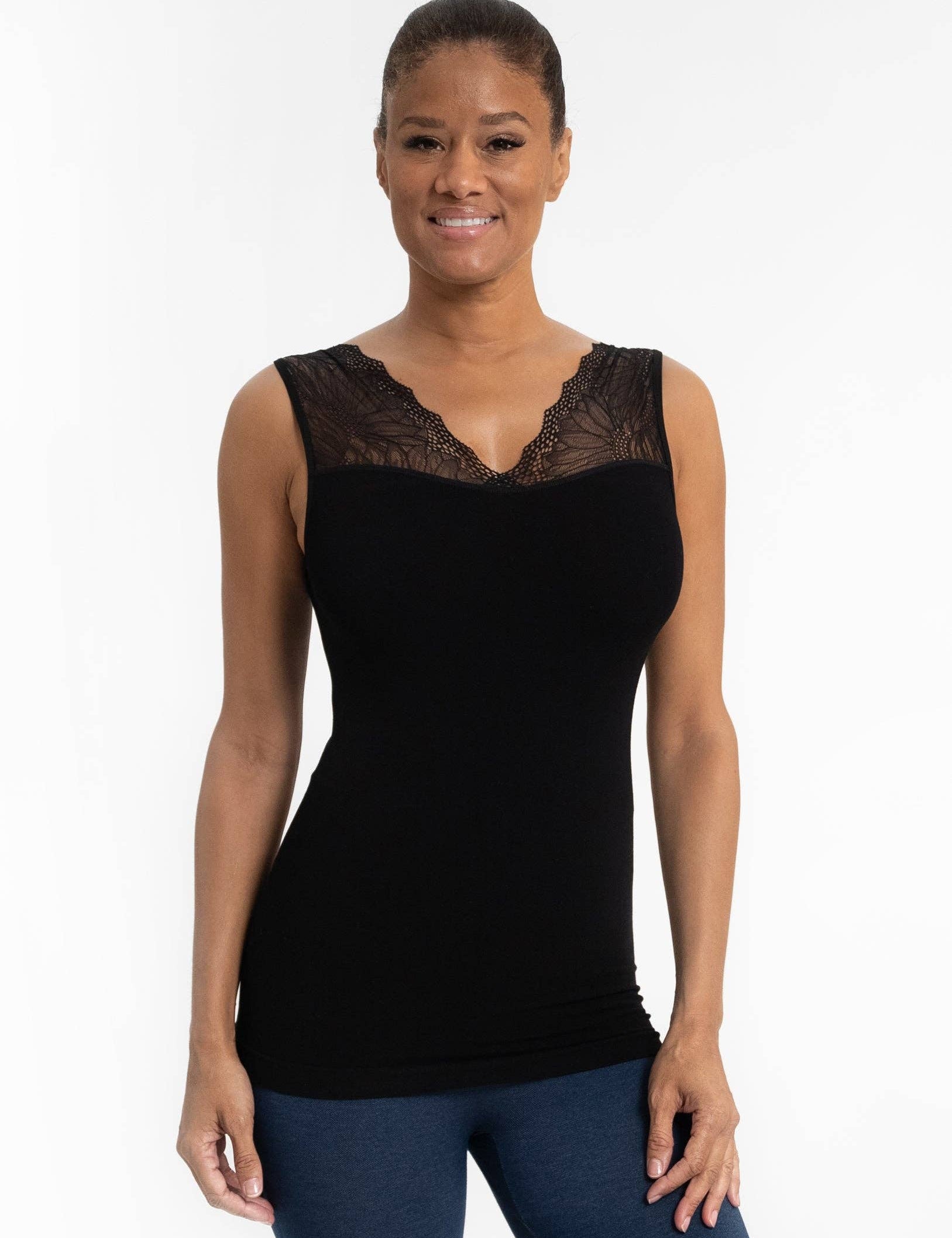 Reversible lace inset top with elegant lace trim and dual neckline design, soft stretch fabric in regular and curvy sizes, JSQ Mercantile – a women’s boutique and gift shop in La Grange, IL