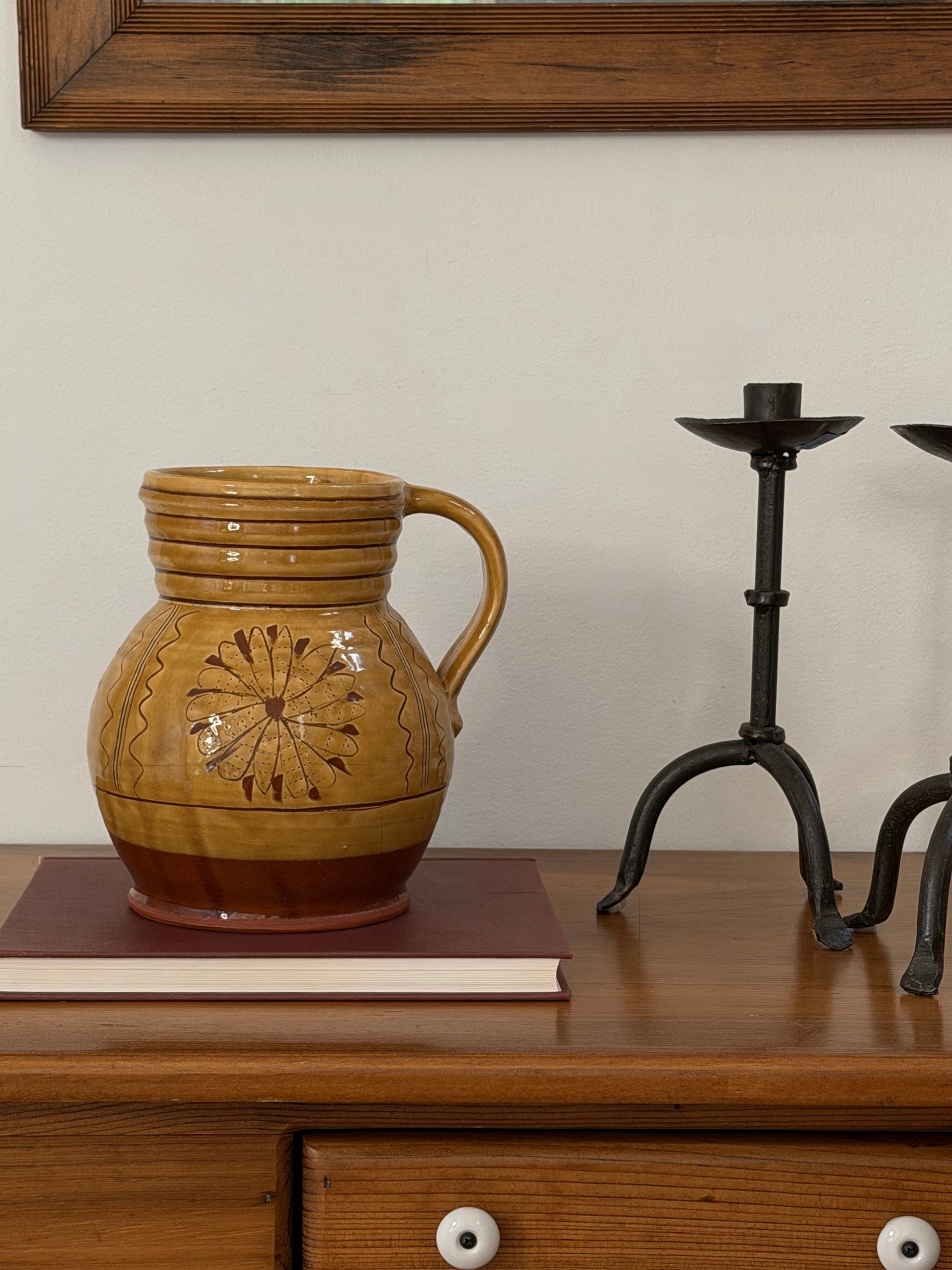 Vintage Hand-Painted Ochre Pottery Pitcher - (0535)