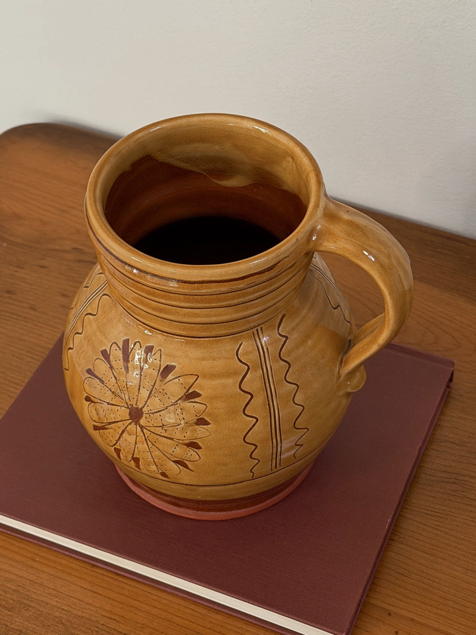 Vintage Hand-Painted Ochre Pottery Pitcher - (0535)