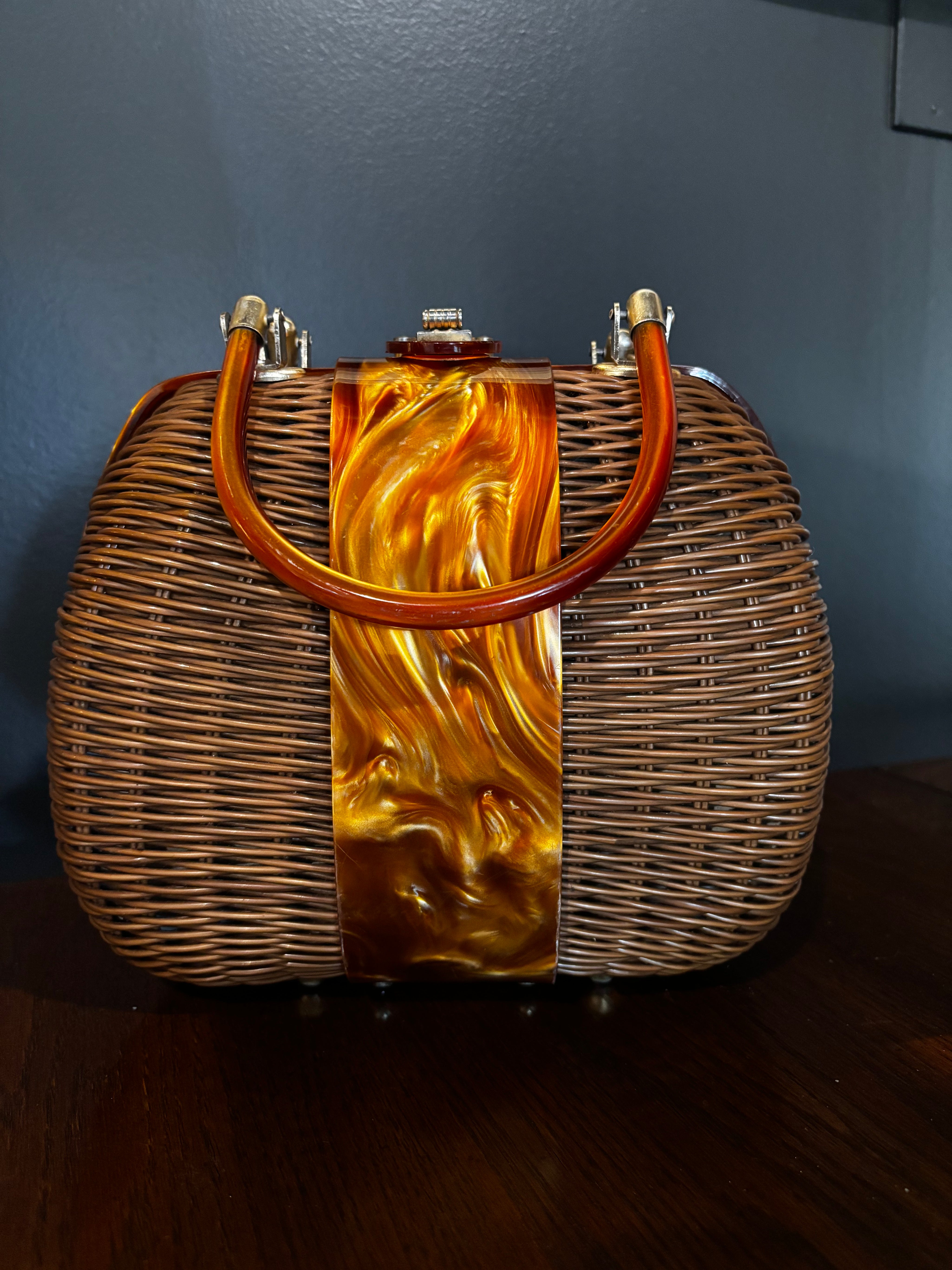 mcm vintage wicker and marbled lucite purse