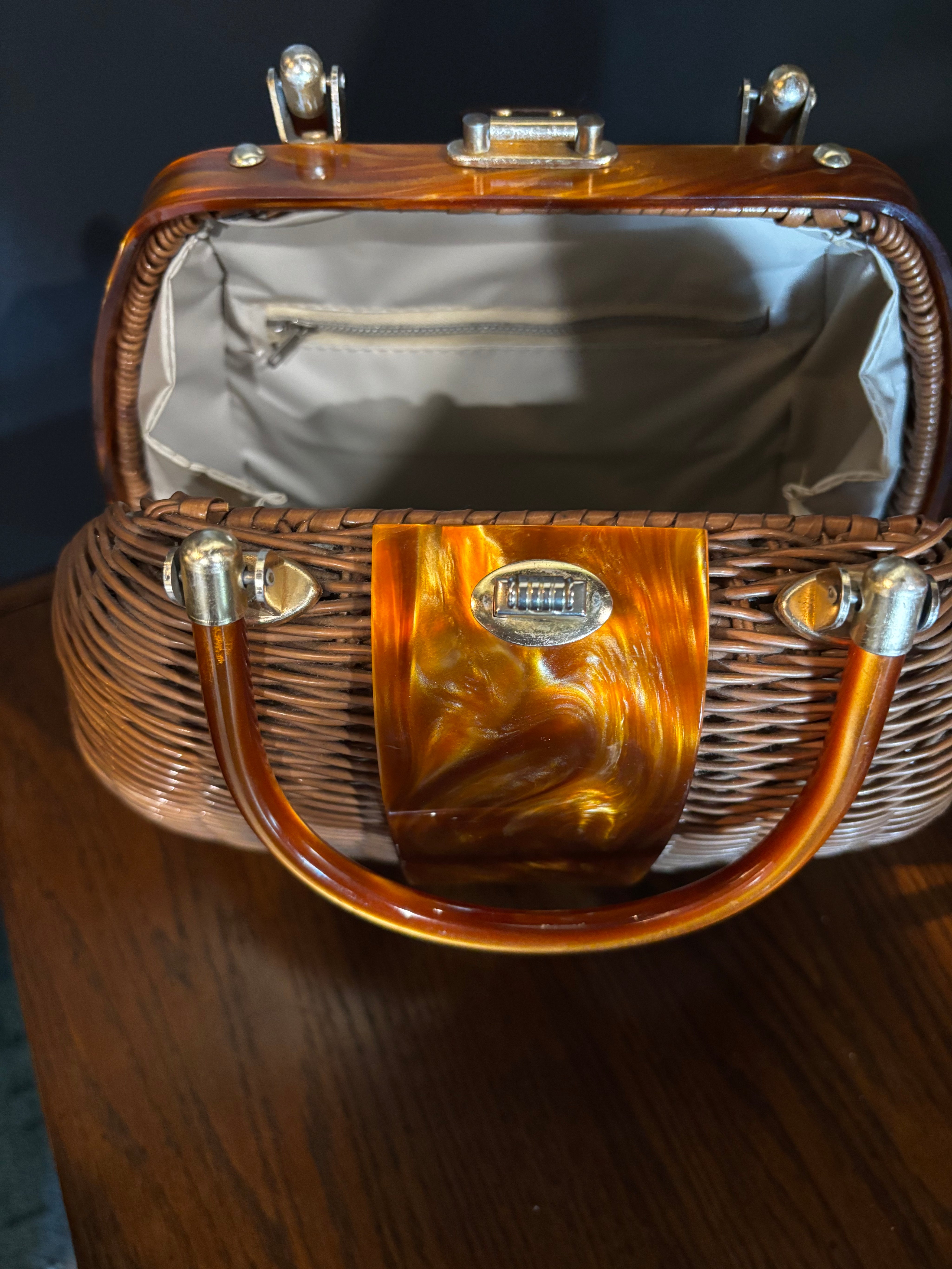 mcm vintage wicker and marbled lucite purse