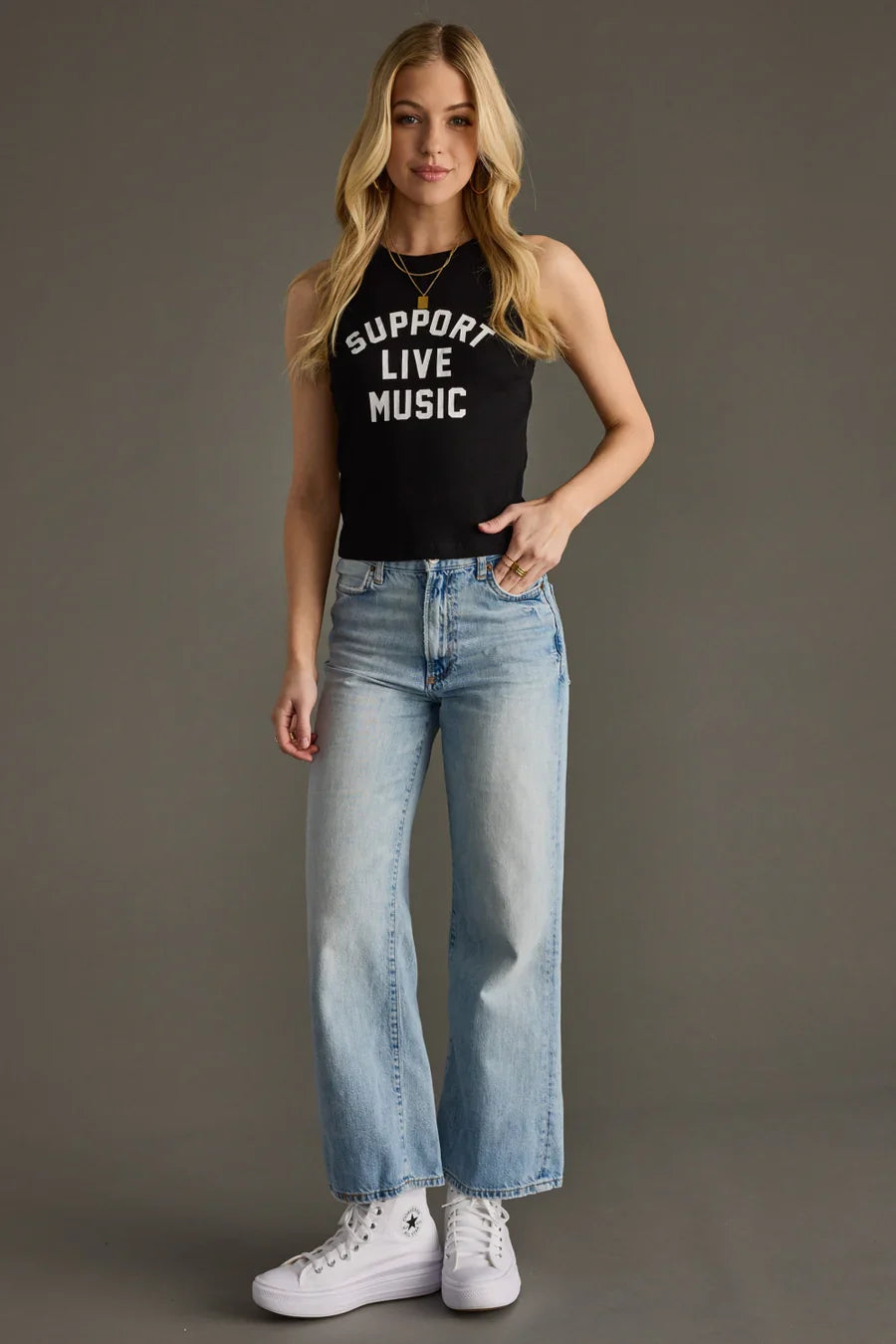 Support Live Music Ribbed Tank Top – Cropped Black Graphic Tank