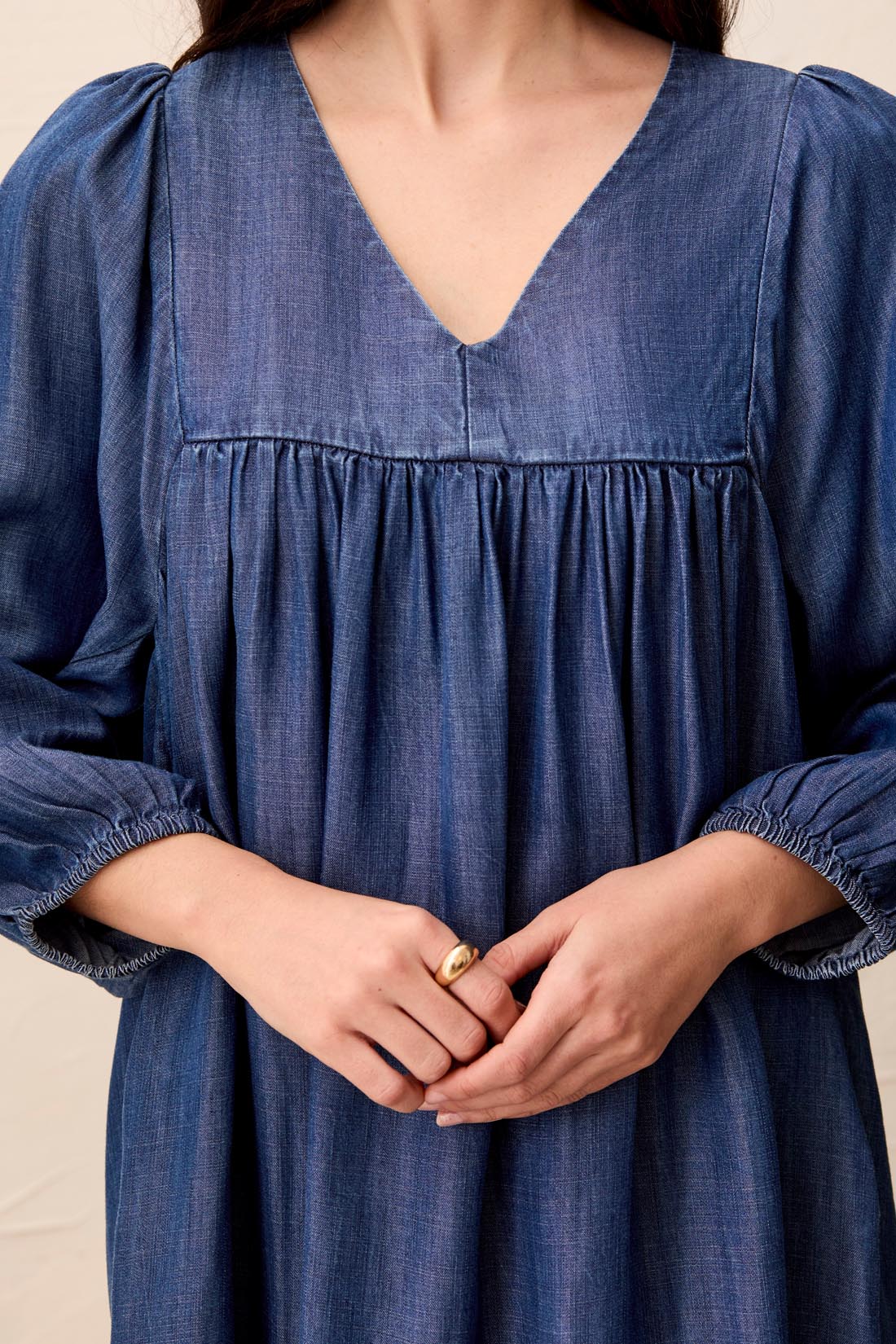 V-Neck Denim-Like Puff Sleeve Dress, Medium Wash | Tribal Clothing